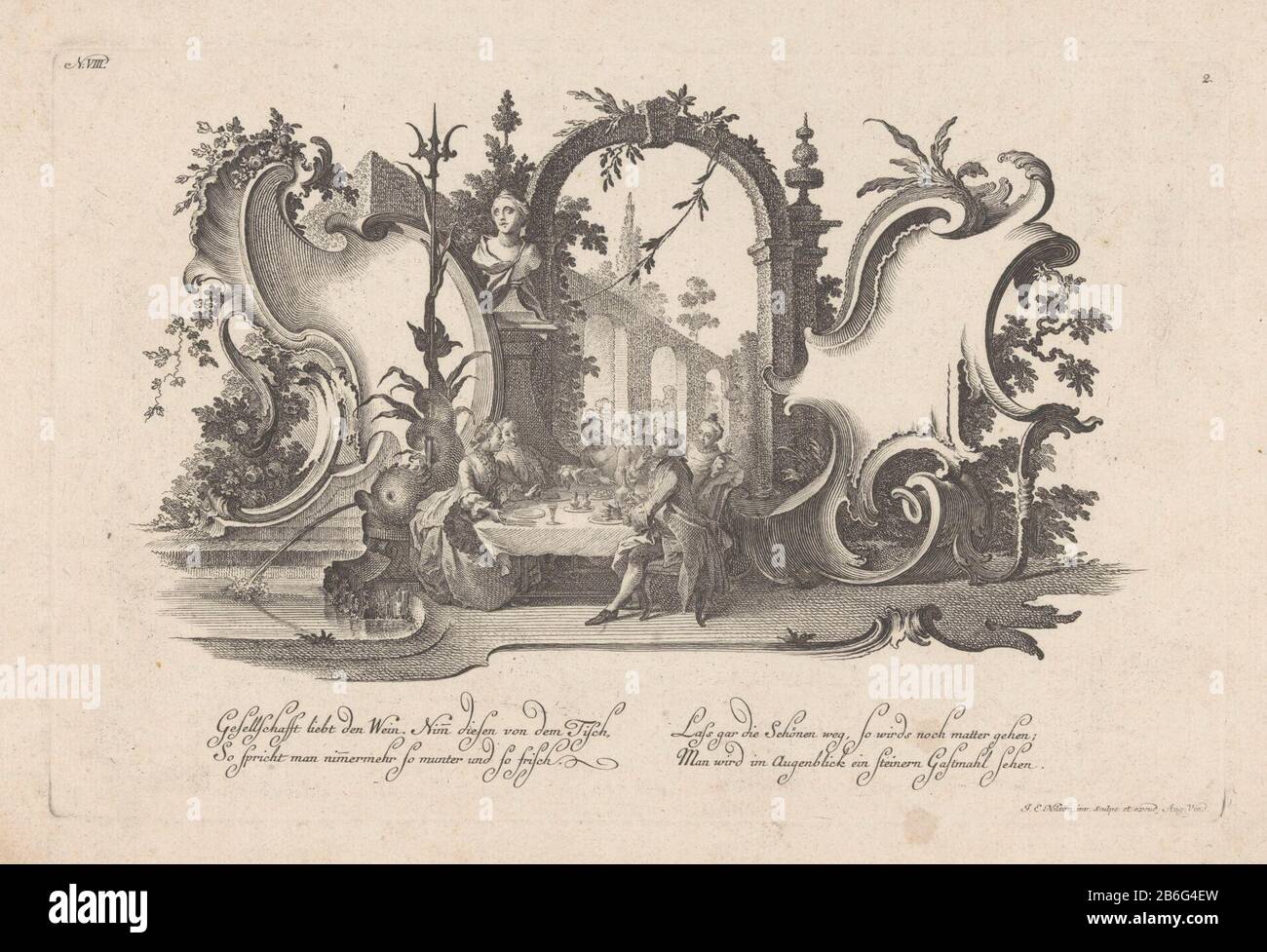 Cartucce mette Figuren aan tafel moderne cartucce con cifre diferentes (seriettel) Tra due rocaille cartocks in un giardino sono uomini e donne ad un tavolo con cibo e bevande. Lasciarli con un tridente e una fontana del delfino. Nel margine inferiore due colonne con testo tedesco a due righe. Numero editore VIII. Produttore : stampatore Johann Esaias Nilson (edificio elencato) nel suo disegno: Johann Esaias Nilson (edificio elencato) editore Johann Esaias Nilson (proprietà elencata) Fabbricazione Del Luogo: Augsburg Data: 1731 - 1788 caratteristiche Fisiche: Acquaforte e engra materiale: Carta Tecnica: Acquaforte Foto Stock