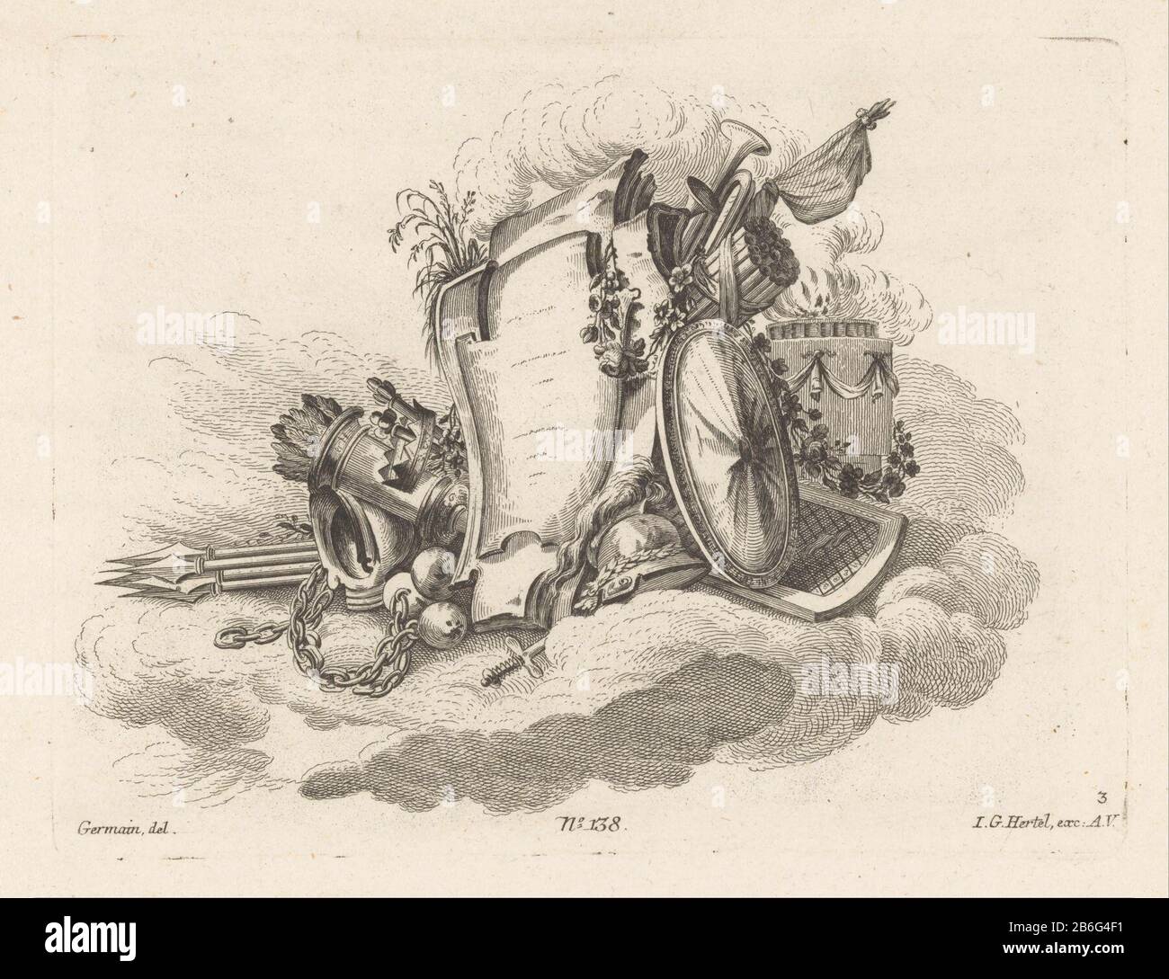 Cartouche con cannoni UN cartouche circondato da scudi , armi, una corona, un casco e un braciere. Numero editore 138. Produttore : stampatore: Anonimo al disegno: Louis Germain (proprietà elencata) Designed by: Jean-Charles Delafosse Editore: Johann Georg Hertel (i) (edificio elencato) Fabbricazione Del Luogo: Augsburg Data: Dal 1771 al 1775 caratteristiche Fisiche: Acquaforte materiale: Carta Tecnica: Incisione dimensioni: Bordo della lastra: H 185 mm × W 245 mm Oggetto:  arma a cartuccia ornamento Foto Stock