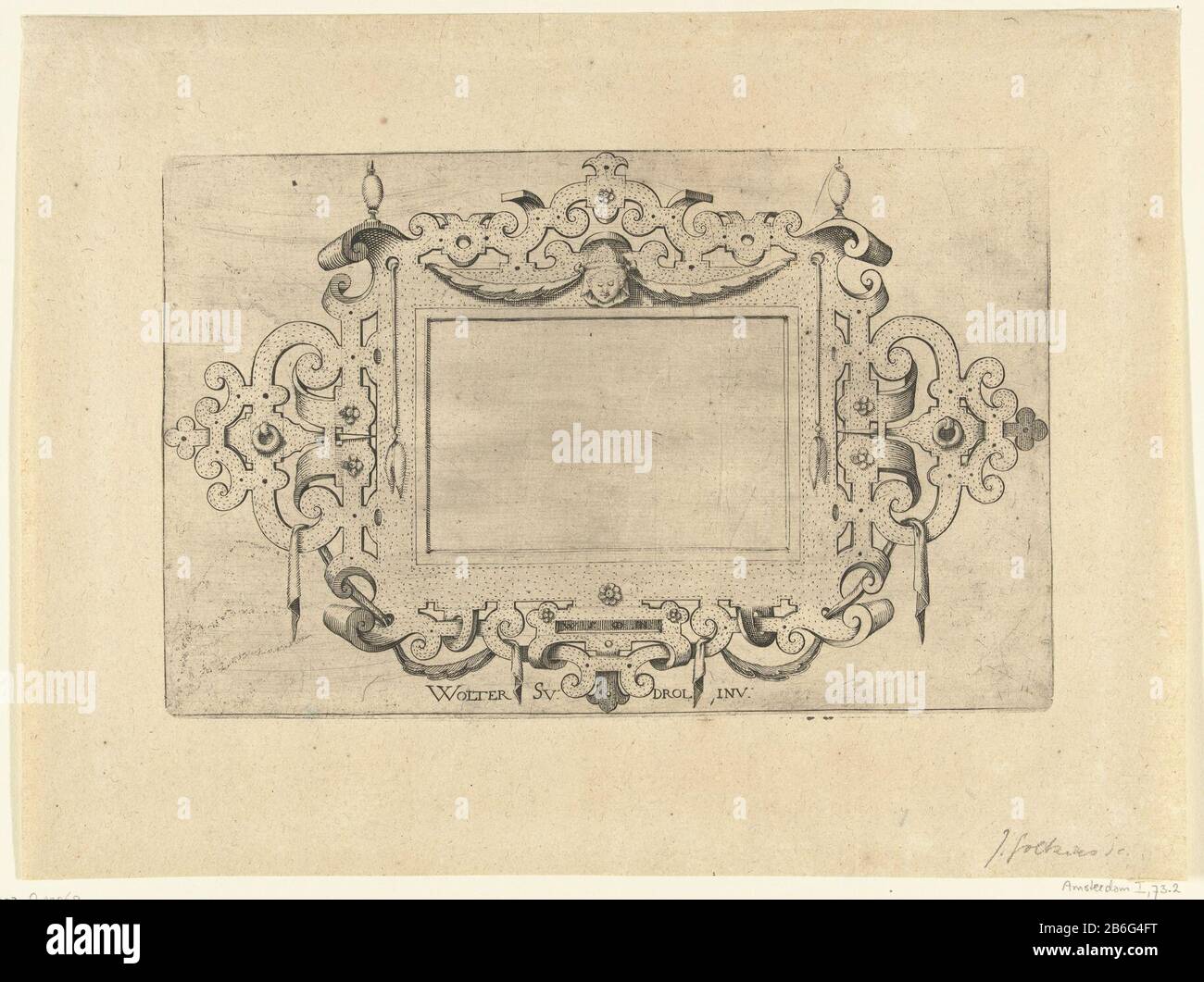 Cartouche di phantom ironmongery verscheyden nvwe compartamenten () (seriettel) foglio 2 di 2 fogli da una serie di 7. Cartoces di lavoro di laminazione e di montaggio. Al centro Sopra la testa di una vrouw. Produttore : stampatore Jacob Goltzius (II) per disegno: Wolter Sweersz Drolichuitgever Jacob Goltzius (II) Fabbricazione Di Posti: Paesi Bassi (possibile) Datata: 1584 - 1630 Materiale: Tecnica della carta: Engra (processo di stampa) dimensioni : h 153 mm × W 241 mm Foto Stock