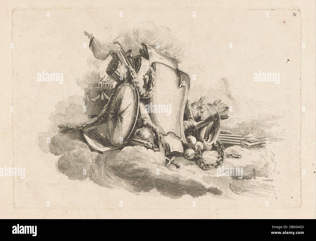 un cartouche circondato da scudi, armi, una corona, un casco e un vuurpot. Produttore : stampatore: Louis Germain (proprietà in elenco) Designed by: Jean-Charles Delafosse Editore: Jacques-François ChéreauPlaats fabbricante: Parigi Data: 1771 caratteristiche Fisiche : incisione ed engra materiale: Carta Tecnica: Incisione / engra (processo di stampa) Misure: Bordo della lastra: H 196 mm × W 285 mm Oggetto:  cartuccia di arma ornamento Foto Stock