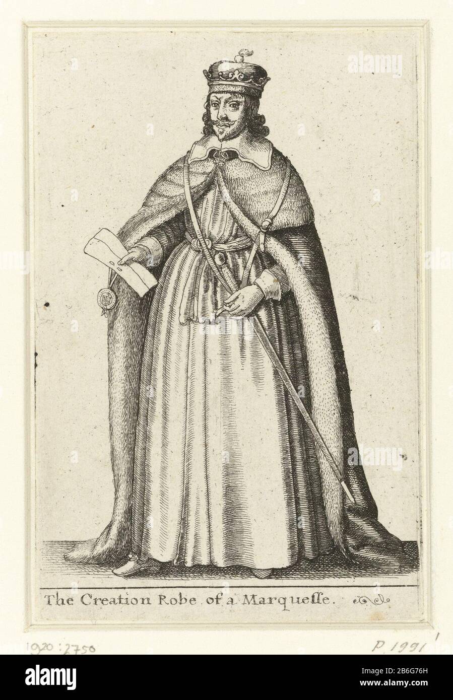 Abito cerimoniale di un marchio inglese The Creation Robe or a Marquesse (oggetto del titolo) vestito cerimoniale della nobiltà inglese (titolo della serie) Tipo Di Proprietà: Picture numero articolo: RP-P-1920-2750Catalogusreferentie: New Hollstein German ( Hollar) 2526-1 (2) Pennington 1991-1 (2) Segni / marchi: Marchio del collezionista, vero, stampato: Lugt 654 Produttore : stampatore: Wenceslaus Hollar datazione: 1617-1677 e / o 1662 caratteristiche Fisiche: Materiale di incisione: Tecnica della carta: Dimensioni di incisione: Foglia : h 118 mm × W 77 mmToelichtingDe print fa parte di una serie di nove parti con abito cerimoniale dell'Englis Foto Stock