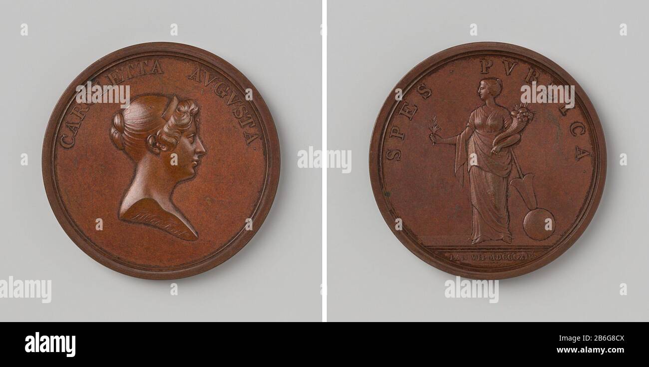 Charlotte Augusta, Principessa d'Inghilterra Bronzen che penning. Voorzijde: Borststuk vrouw binnen omschrift. Keerzijde: Staande vrouw met gevulde hoorn van overvloed en olijftak in handen; achter haar scheepsroer rustend op wereldbol binnen omschrift; afsnede: Opschrift fabbricante : Thomas WebbPlats fabbricazione: Birmingham: 1814 Materiale: Brons Techniek: Dating sland dimensioni: 5,4 cm. × g 74,73 gr Data: 1814-01-07 - 1814-01-07Wie: Charlotte Augusta (prinses van Engeland) Foto Stock