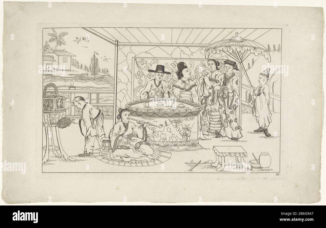 Caratteri cinesi intorno a un tè tabella nuovo inventariato la maggior parte di Sineesen con grande moeyte geteekent e in 't è dato da P Schenk Jun, seconda parte (titolo della serie) Quattro caratteri cinesi intorno a un tavolo con tè set. Destra, un impiegato con ombrellone. In primo piano un uomo a terra che sedette tubo rookt. Produttore : stampatore Pieter Schenk (II) Designed by Pieter Schenk (II) Editore: Peter Schenk (II) Fabbricazione Del Luogo: Amsterdam Data: CA. 1715 - ca. 1725 caratteristiche Fisiche: Materiale di incisione: Tecnica della carta: Dimensioni di incisione: Bordo della lastra: H 164 mm × W 263 mm Oggetto: Cerimonia Chinesetea - CC - out or la Foto Stock