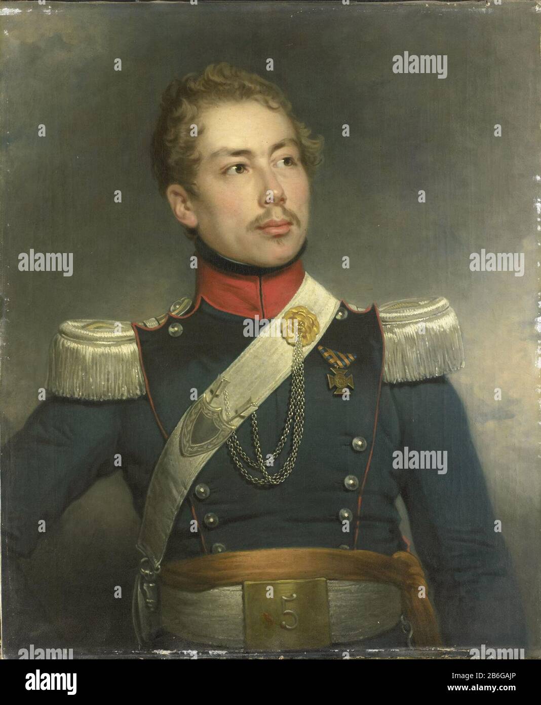 Edouard Christian Fraser (1812-79) Secondo tenente del reggimento 5th di dragoni, SK-A-1569 Ritratto di Edouard Christian Fraser, secondo tenente del reggimento 5th di Dragoons. A mezza lunghezza, petto superiore sinistro la croce di metallo del veldtocht di 10 giorni. Produttore : pittore: Charles Howard Hodges Data: 1834 caratteristiche Fisiche: Olio su tela materiale: Tela olio dimensioni: Supporto: H 70.1 cm. B × 60,4 cm. D × 2,8 cm. (Con protezione posteriore.) dimensioni esterne: 7,1 cm d. (Compreso supporto SK-L-1406.) Foto Stock