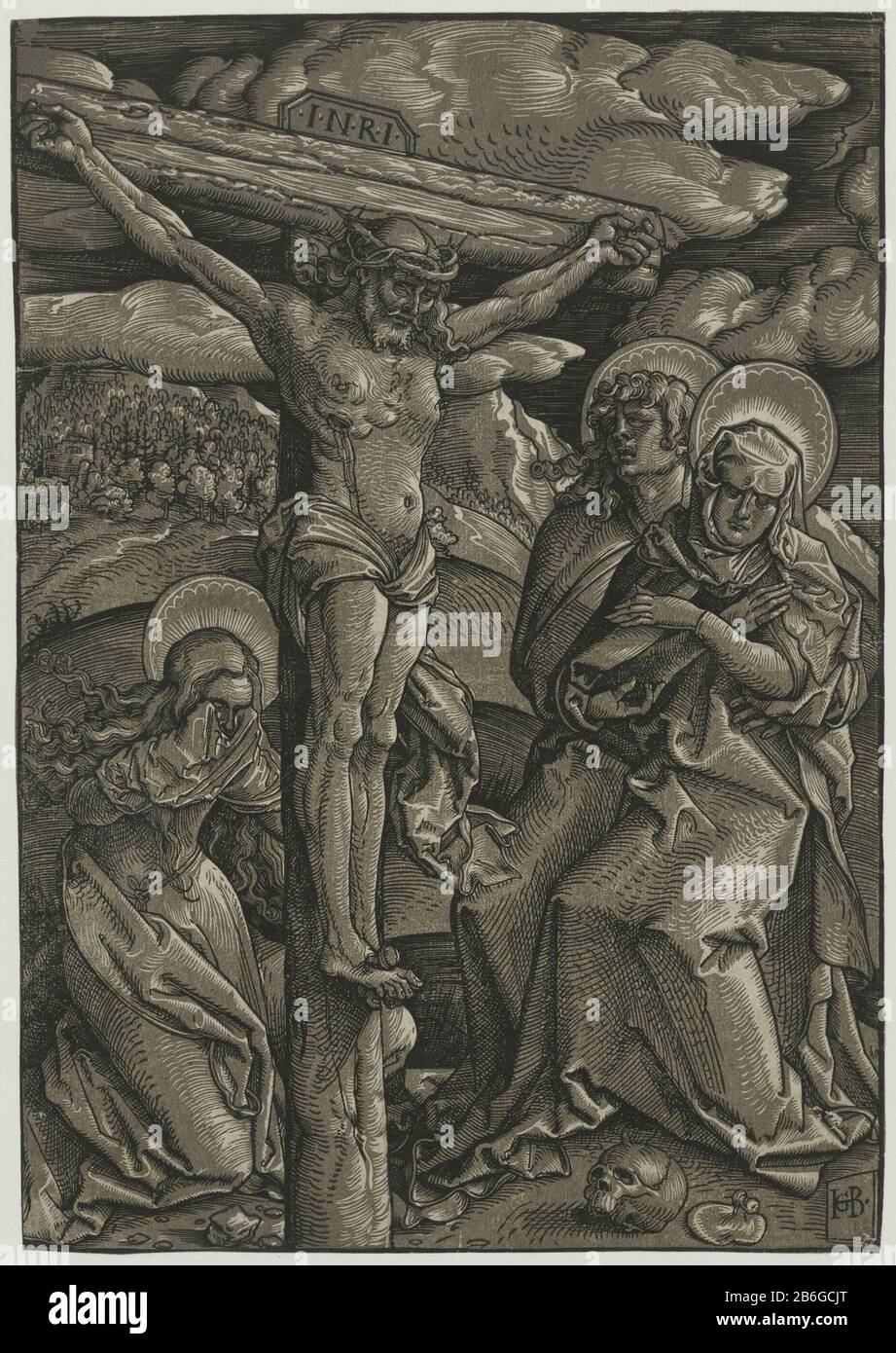 Cristo sulla croce Cristo appeso alla croce sul Golgota, dalla ferita stab al suo fianco, scorre sangue. A destra della Croce sta Maria in preghiera, cade le ginocchia e sostenuta da Giovanni. A sinistra, dietro la croce, Maria Maddalena si inginocchia mentre lamenta le lacrime dalla sua faccia veegt. Produttore : stampatore Hans Baldung Grien (proprietà in elenco) Luogo di fabbricazione: Freiburg Data: 1512 - 1516 caratteristiche Fisiche: Legno chiaroscuro tagliato con blocco di linea in nero e blocco di tono in grigio scuro materiale: Carta Tecnica: Chiaroscuro-legno dimensioni: Foglio: H 371 mm × W 258 mm Oggetto: Chr crocifisso Foto Stock
