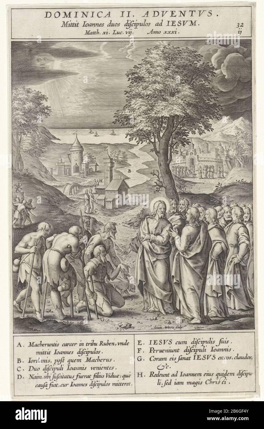Cristo rispose ai messaggeri di Giovanni Dominica II Adventvs (oggetto del titolo) Giovanni sente in prigione le azioni di Cristo. Egli gli manda alcuni suoi discepoli per porgli delle domande. Allora Cristo parla al popolo di Giovanni. In corrispondenza di vari elementi della mostra sono lettere che corrispondono alla legenda nella marge. Produttore : stampatore Antonie Chi: Rix (II) (edificio elencato), disegnato da: Bernardino PasseriPlats prodotto: Anversa Data: 1593 caratteristiche Fisiche: Materiale per auto: Tecnica della carta : engra (processo di stampa) Misure: Bordo della lastra: H 233 mm × W 145 mmToelichtingPrent usato in Foto Stock