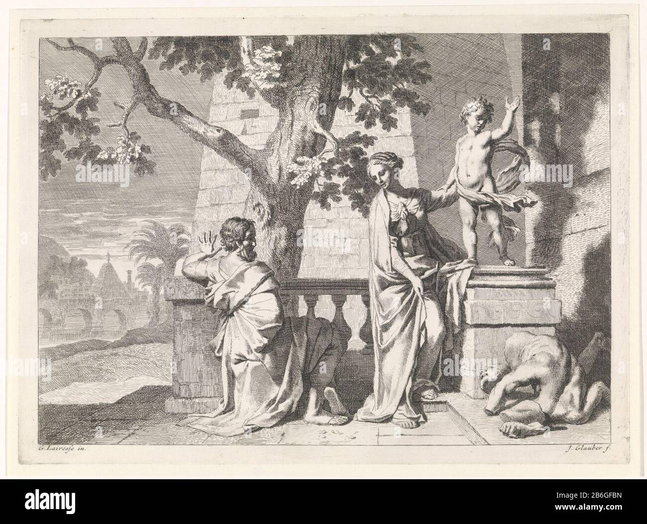 Cristo rompe un'immagine biblica, mitologica e allegorica (titolo della serie) Il Cristo Bambino si erge su un piedistallo e ha appena rompere un'immagine religiosa. L'immagine è in pezzi sul pavimento. Maria e Giuseppe guardano. La stampa fa parte di una serie di voorstellingen bibliche, mitologiche e allegoriche. Produttore : stampatore John Glauber (edificio elencato), progettato da Gerard de Lairesse (edificio elencato) Editore: Leonard Schenk (possibile) Luogo di produzione: Stampatore editore sconosciuto: Amsterdam Data: 1656 - 1726 caratteristiche Fisiche: Acquaforte; materiale di prova: Carta Tecnica: Acquaforte di Foto Stock