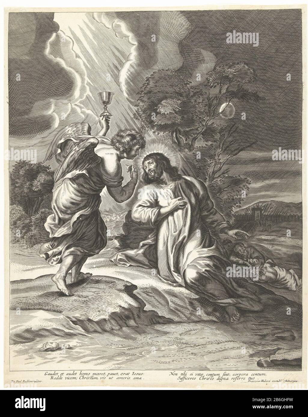 Cristo e la ciotola d'angelo sul Monte degli Ulivi (Getsemane) Cristo e angelo con calice sulle Olive (Getsemane). Tra gli spettacoli ci sono quattro versetti latini Dove: In riferimento alla sofferenza di Cristo per la gelovige. Produttore : stampare da Pieter de Bailiu (i) printmaker: Anonymous to painting by Peter Paul Rubens (listed building) Editore: Franz Huybrechts (listed property) Luogo fabbricazione: Anversa Data: 1623 - 1710 caratteristiche Fisiche: Materiale per auto: Tecnica della carta: Engra (processo di stampa) dimensioni: Bordo della lastra: H 411 mm × W 300 mmToelichtingKopie per stampare Pieter de Bailiu che era basato Foto Stock