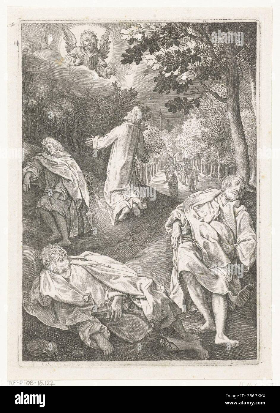 Cristo nel Giardino del Getsemani la Passione (titolo della serie) un angelo appare davanti a Cristo sul Monte degli Ulivi per dargli forza. Cristo inginocchiato nella preghiera e guarda in su, è circondato dai suoi discepoli dormienti Pietro, Giacomo e Johannes. Produttore : stampatore: Nicolaes de Bruyn (edificio elencato) nel suo disegno: Nicolaes de Bruyn Inspirer: Hendrick Goltzius Inspirer: Lucas van Leyden Fabbricazione Del Luogo: Olanda Data: 1618 caratteristiche Fisiche: Engra materiale: Carta Tecnica: Engra (processo di stampa) Misure: Bordo della lastra: H 201 mm × W 141 mmToelichtingPrent dalla serie Foto Stock