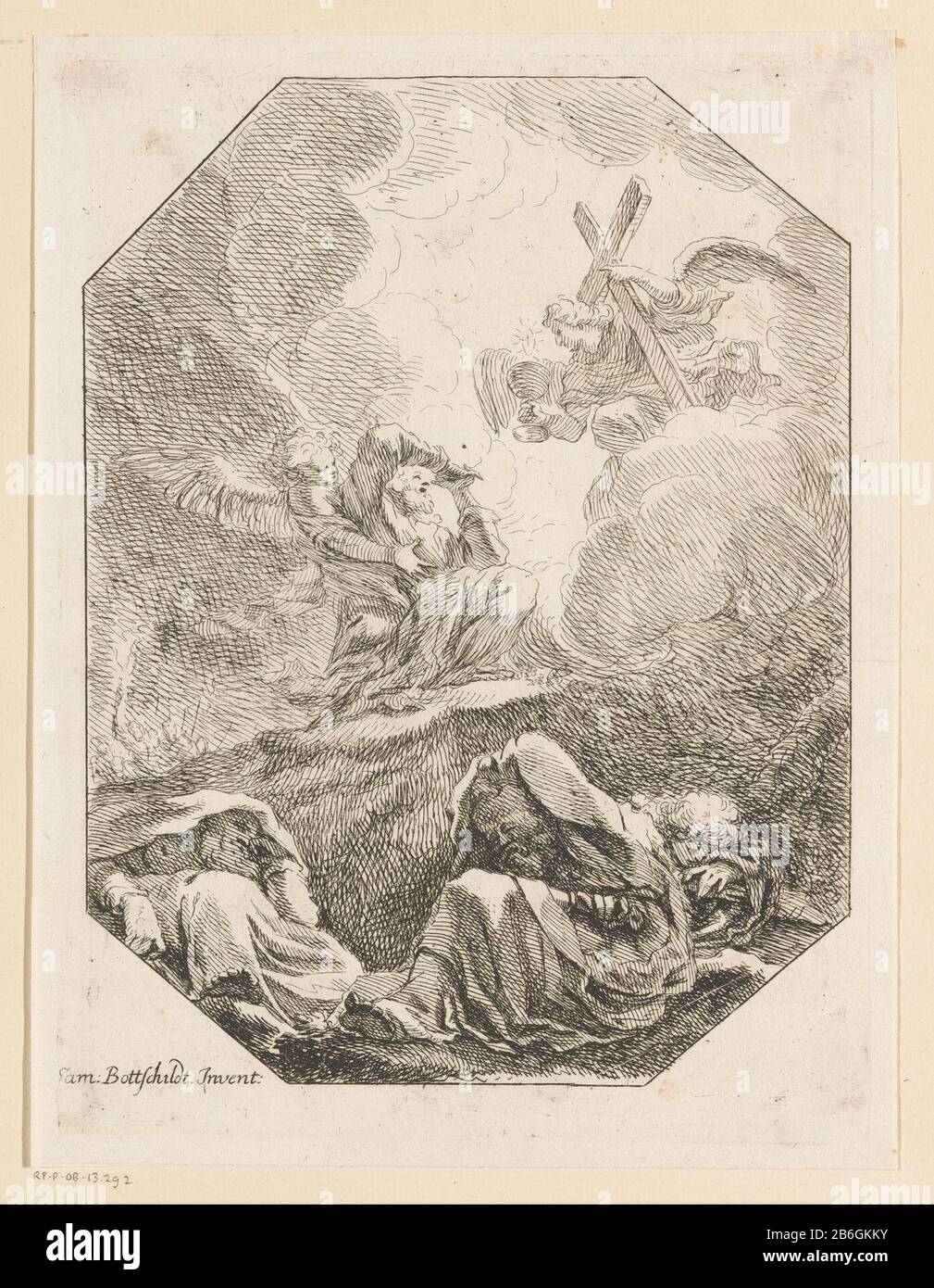 Vari disegni Cristo nel Giardino del Getsemani (titolo della serie) varie Opera Historica, Poetica & Iconologica (titolo della serie) Cristo che prega nel giardino del Getsemani. Un angelo gli appare e gli mostra un calice e una croce. In primo piano tre discepoli dormienti. Lasciato in background arriva il gruppo soldaten. Produttore : stampatore Samuel Bottschildnaar own design: Samuel Bottschild (edificio elencato) Editore: Johann Christoph WeigelPlaats fabbricante: Printmaker: Germania Editore: Dresda Data: 1693 Materiale: Tecnica della carta: Acquaforte dimensioni: Bordo della piastra: H 288 mm × Foto Stock