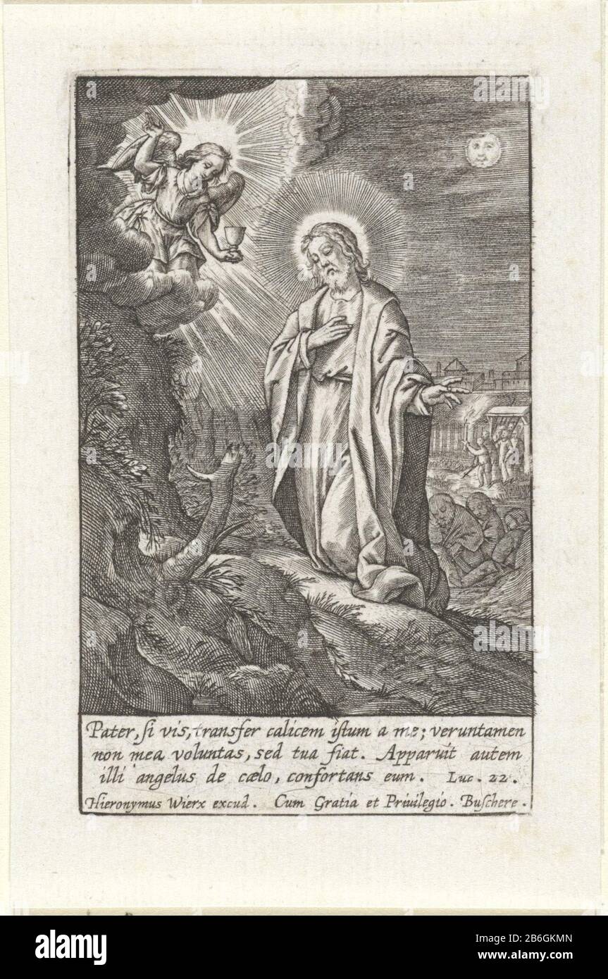 Cristo nel Giardino del Getsemani Passione di Cristo (seriettel) Passio Domini nostri Iesv Christi (seriettel) Cristo che prega nel Giardino del Getsemani . Dal cielo appare un angelo con un calice. I suoi studenti dormono sullo sfondo. Giuda è il giardino attraverso la porta e i soldati puntarono il luogo Dove: Cristo prega. Al margine di Una Citazione biblica a tre righe di Luc. 22 a Latijn. Produttore : printmaker: Jerome Chi: Rixnaar design: Hieronymus Wierixuitgever: Hieronymus Wierix (listed property) fornitore di privilegio: Joachim de Buschere (listed property) Place manu Foto Stock