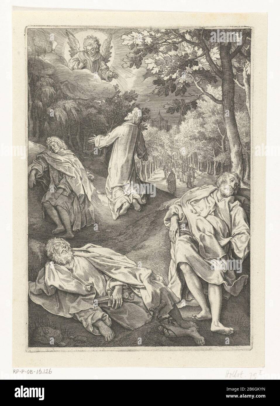 Cristo nel Giardino del Getsemani la Passione (titolo della serie) un angelo appare davanti a Cristo sul Monte degli Ulivi per dargli forza. Cristo inginocchiato nella preghiera e guarda in su, è circondato dai suoi discepoli dormienti Pietro, Giacomo e Johannes. Produttore : stampatore: Nicolaes de Bruyn (edificio elencato) nel suo disegno: Nicolaes de Bruyn Inspirer: Hendrick Goltzius Inspirer: Lucas van Leyden Fabbricazione Del Luogo: Olanda Data: 1618 caratteristiche Fisiche: Engra materiale: Carta Tecnica: Engra (processo di stampa) Misure: Bordo della lastra: H 200 mm × W 140 mmToelichtingPrent dalla serie Foto Stock