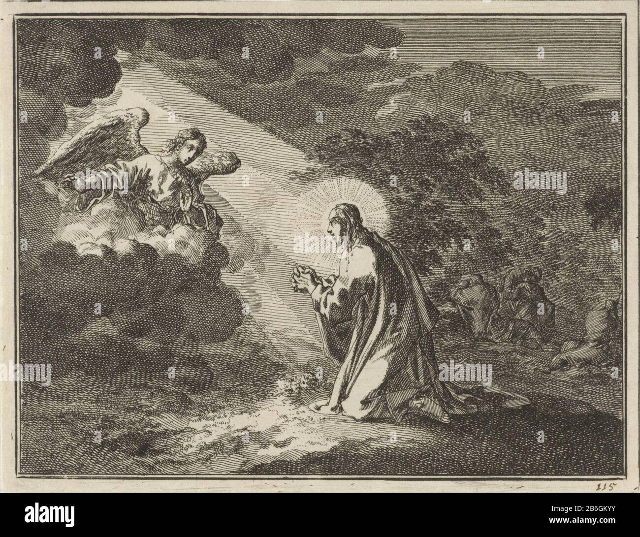 Cristo nel Giardino di Getsemani Cristo nel Giardino di Getsemani Oggetto tipo : immagine numero articolo: RP-P-OB-46.06Catalogusreferentie: Van Eeghen 4355 Iscrizioni / marchi: Marchio del collettore, vero, stampato: Lugt 2228nummer, recto, scrittura a mano in inchiostro marrone: '115 Manufacture creator: Printmaker Jan Luyken luogo di produzione: Amsterdam Data: 1712 caratteristiche Fisiche: Acquaforte: 1712 Materiale di prova: Carta Tecnica: Incisione dimensioni: Foglio: H 118 mm × W 152 mmToelichtingProefdruk illustrazione da: Luyken, Jan le storie di schriftuurlyke e le nicchie gelyk dei vecchi e nuovi Alleanze, 2 parti. Em Foto Stock