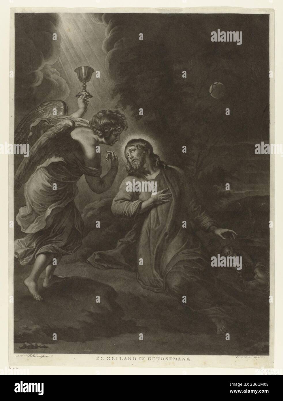Cristo nel Giardino del Getsemani il Salvatore nel Getsemani (oggetto del titolo) Cristo prega Dio nel giardino del Getsemani e ha una visione. Cielo nube un angelo appare con un calice. Sullo sfondo sono due dei suoi studenti slapen. Produttore : stampatore Charles Howard Hodges to painting by Peter Paul Rubens (listed property) Luogo produzione: Londra Data: 1808 caratteristiche Fisiche: Mezzotinta materiale: Carta Tecnica: Dimensioni mezzotinta: Bordo piatto: H 595 mm × b 440 mm Soggetto: Sonno; unconsciousnessagonia di Cristo: Per confortarlo uno o più angeli apparono acne a Cristo con calice an Foto Stock