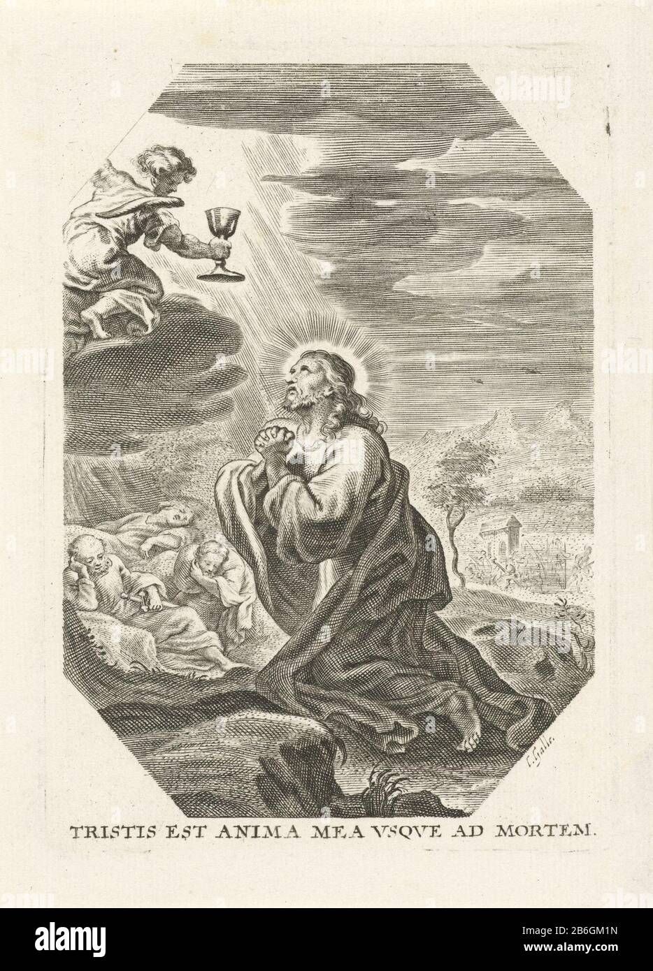 Cristo la Passione (seriettel) nella corte di Getsemani tristis et anima mea vsqve ad mortem (oggetto del titolo) Poco prima della sua cattura Cristo che prega nel giardino del Getsemani per aiuto. Un angelo gli appare con un calice nelle sue mani. Sullo sfondo sinistra i discepoli dormienti, a destra avvicinandosi ai soldati. Terza foto di una serie di 13, con scene della Passione di Cristo. Produttore : stampatore Cornelis Galle (i) (edificio elencato) Luogo di fabbricazione: Sud Paesi Bassi Data: 1586 - 1650 caratteristiche Fisiche: Materiale per auto: Carta Tecnica: Engra (processo di stampa) dimensioni: Foto Stock