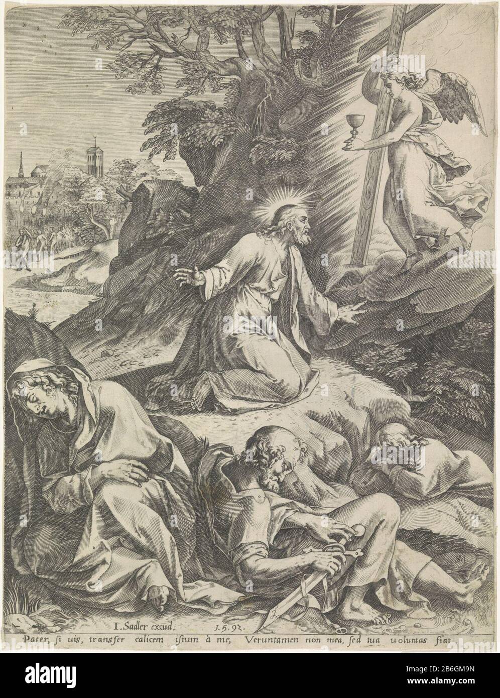 Cristo nel Giardino del Getsemani Cristo prega nel Giardino del Getsemani e chiede a Dio di far passare questo calice a Lui. Un angelo gli presenta la croce e la coppa. Giovanni, Pietro e Giacomo giacendo a terra per dormire. Sullo sfondo Giuda arriva con i soldati che Cristo nemen. Produttore preso: Stampatore: Monogrammist SM (16th secolo) (edificio elencato) Editore: Johann Sadeler (i) (edificio elencato) Luogo prodotto: Monaco Data: 1592 - 1582 caratteristiche Fisiche : engra materiale: Carta Tecnica: Engra (processo di stampa) Misure: Bordo della lastra: H 265 mm × W 203 mm Oggetto: A Foto Stock