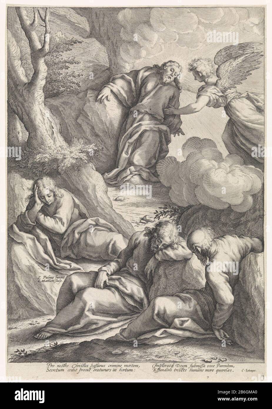 Cristo nel Giardino del Getsemani Cristo nel giardino del Getsemani. Tre apostoli dormienti in primo piano. Dietro Cristo c'è un engel. Produttore : stampatore Jacob Matham (elencato proprietà) a dipingere da Jacopo Palma (elencato proprietà) scrittore Cornelius Schonaeus (elencato proprietà) Luogo produzione: Haarlem Incontri: 1594 - 1598 Caratteristiche Fisiche: Engra materiale: Tecnica di carta: Engra (processo di stampa) dimensioni: Foglio: H 395 mm × W 275 mm Oggetto: La preghiera di Cristo nel Giardino del Getsemani durante la notte di Cristo: Per confortarlo uno o più angeli si presenta acne a C. Foto Stock