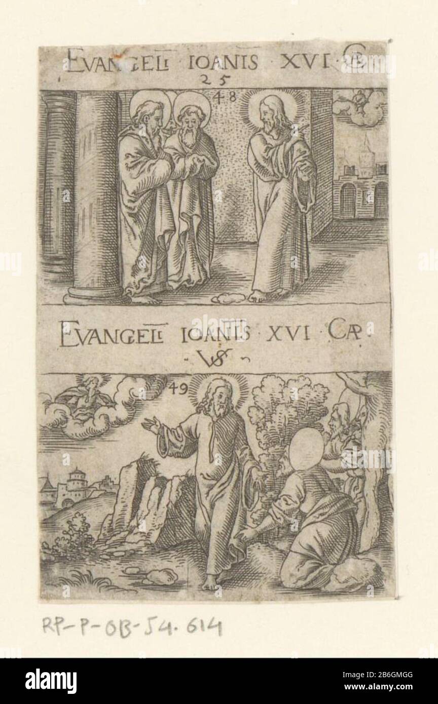 Cristo parlando ai suoi discepoli Due rappresentazioni al di sopra dell'altro. La stampa è numerata al centro superiore: 25. Le prestazioni sono numerate separatamente: 48 e 49. Produttore : stampatore: Virgil Solis (indicato sull'oggetto) Luogo di fabbricazione: Nürnberg Data: 1524 - 1562 Materiale: Carta Tecnica: Engra (processo di stampa) / dimensioni di incisione: Foglia : H 78 mm (taglio bordo interno della piastra) × W 50 mm (taglio bordo interno piastra) Note Questo supporto fa parte di una serie composta da 27 stampe numerate. Le immagini mostrano due scene sempre più evangeliche sovrapposte. Tutte le prestazioni tranne la cima di Foto Stock