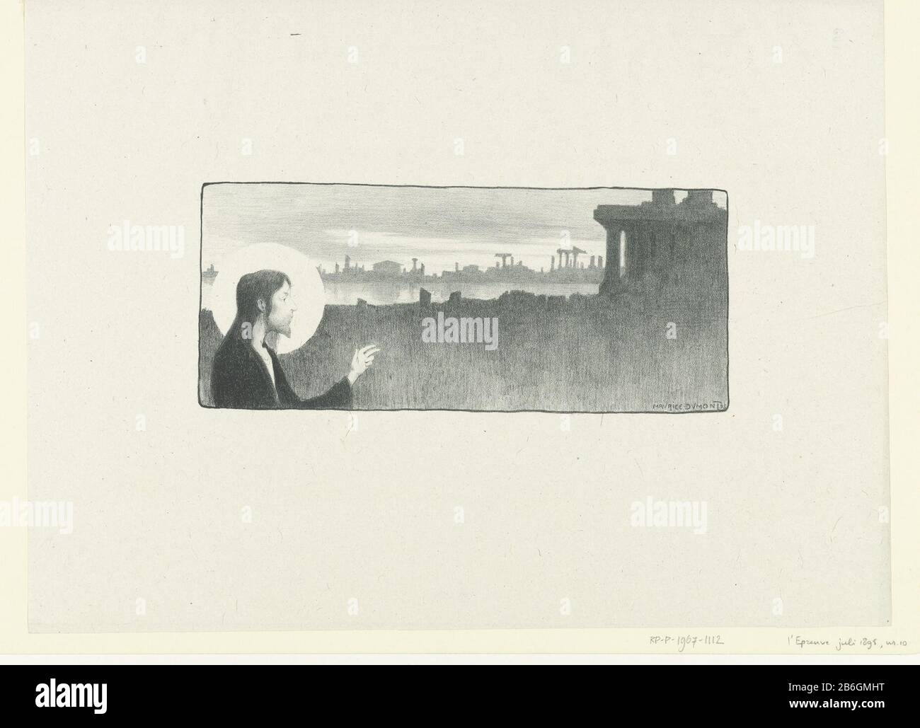 Cristo con nimbus fa un gesto di benedizione nel paesaggio con sagome di rovine di templi. Il titolo francese mostra il significato della performance, la figura di Cristo è la vittoria del cristianesimo alla religione pagana, qui raffigurata a tempelruïnes. Produttore : stampatore Maurice Dumont (edificio elencato) nella sua progettazione: Maurice Dumont Editore: L'Epreuvedrukker: P. Lemaire Place fabbricante: Print maker: Francia Editore: Parigi Editore: Parigi Data: Luglio 1895 e / o 1895 caratteristiche Fisiche: Litografia materiale: Tecnica della carta: Litografia (tecnica) dimensioni: Immagine: Foto Stock