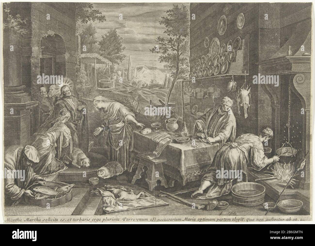 Cristo nella Casa di Marta e Maria, le sorelle Martha e Maria. Marta è al lavoro in cucina e mescolare con un cucchiaio di legno nel cibo. Maria deve essere ascoltata ai piedi di Cristo. Tra le prestazioni, un versetto biblico di Luc. Produttore : stampatore: Cornelis Galle (i) (indicato sull'oggetto) da stampare da: Johann Sadeler (i) a dipingere di: Jacopo BassanoPlats prodotto: Unknown date: CA. 1586 - 1650 caratteristiche Fisiche: Engra materiale: Carta Tecnica: Engra (processo di stampa) dimensioni: Foglio: H 193 mm × W 273 mm Oggetto: Cristo nella Casa di Marta e Maria (Luca 10: 38- Foto Stock
