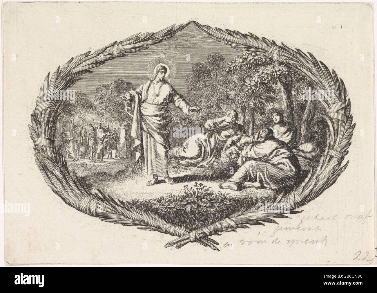Cristo fa dormire i suoi discepoli sveglio una performance in un cartouche di rami di palma. Cristo nel Giardino del Getsemani. Fa svegliare i tre bambini dormienti. Sullo sfondo appaiono i soldati e Giuda. Produttore : stampatore Jan Luyken Editore: Pieter Mortier (i) Luogo di produzione: Amsterdam Data: 1700 caratteristiche Fisiche: Incisione; materiale di prova: Carta Tecnica: Incisione dimensioni: Foglio: H 111 mm × W 157 mmToelichtingProefdruk un libro illustrazione per David Martin. Storia dell'Antico e del nuovo Testamento, verrykt con più di quattrocento stampe immaginazioni. Parte II Em Foto Stock