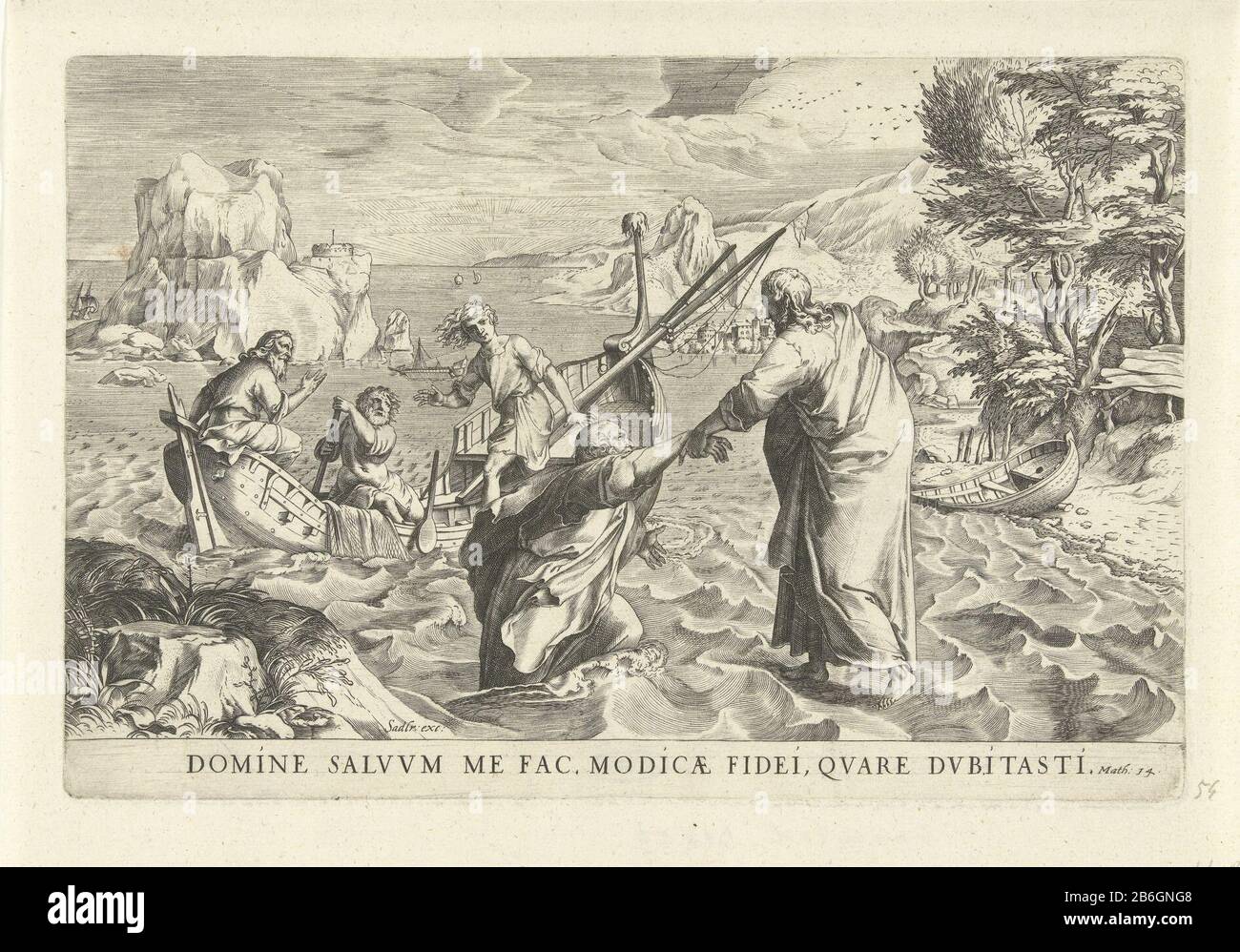 Cristo cammina sull'acqua e salva Pietro RP-P-1890-A-15987 Cristo camminando sull'acqua in una barca da pesca con gli apostoli; le onde lo portano. Pietro cammina verso di lui, ma affonda. Cristo lo attira uscendo dall'acqua. Gli altri apostoli rimangono nella barca. Tra lo spettacolo un versetto latino in Matt 14: 30-31. Produttore : per stampare da Cornelis Cortnaar design: Girolamo Muziano (attribuito a) editore: Sadeler (proprietà quotata) Luogo produzione: Roma Data: Dal 1568 al 1568 ca. 1618 caratteristiche Fisiche: Materiale per auto: Carta Tecnica: Engra (processo di stampa) dimensioni: Bordo della lastra: H 181 m. Foto Stock