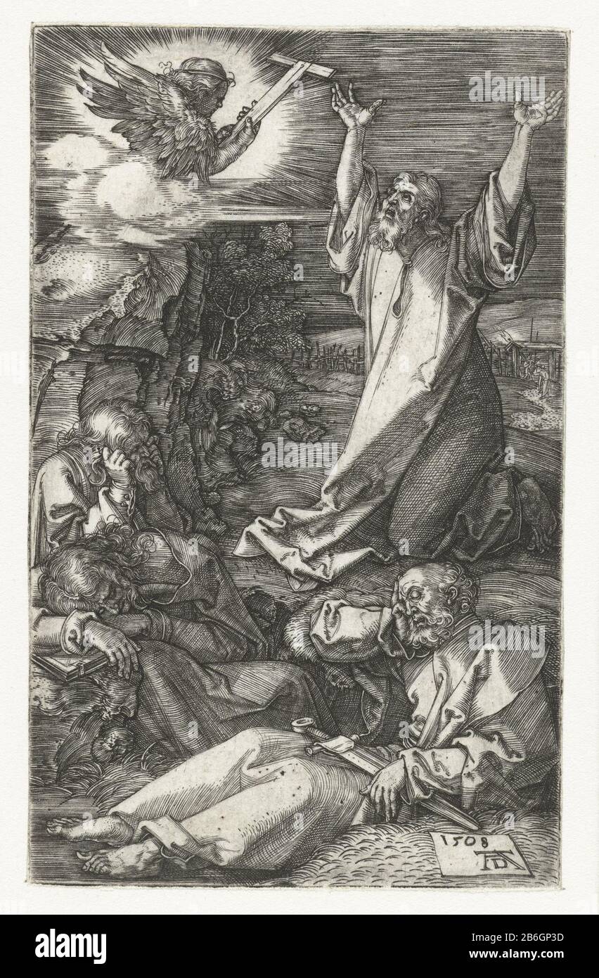 Cristo sul Monte degli Ulivi Ha Inciso la Passione (titolo della serie) Cristo che prega con le mani alzate nel Giardino del Getsemani, mentre i discepoli sono intorno a lui per dormire. Questa stampa fa parte di una serie di 16 stampe raffiguranti scene del Lijdensverhaal. Produttore : stampatore Albrecht Dürer (proprietà in elenco) Luogo di fabbricazione: Norimberga Data: 1508 caratteristiche Fisiche: Materiale per auto: Carta Tecnica: Engra (processo di stampa) dimensioni: Foglio: H 116 mm × W 72 mm Oggetto: Preghiera di Cristo nel Giardino di Getsemani durante la notte Foto Stock