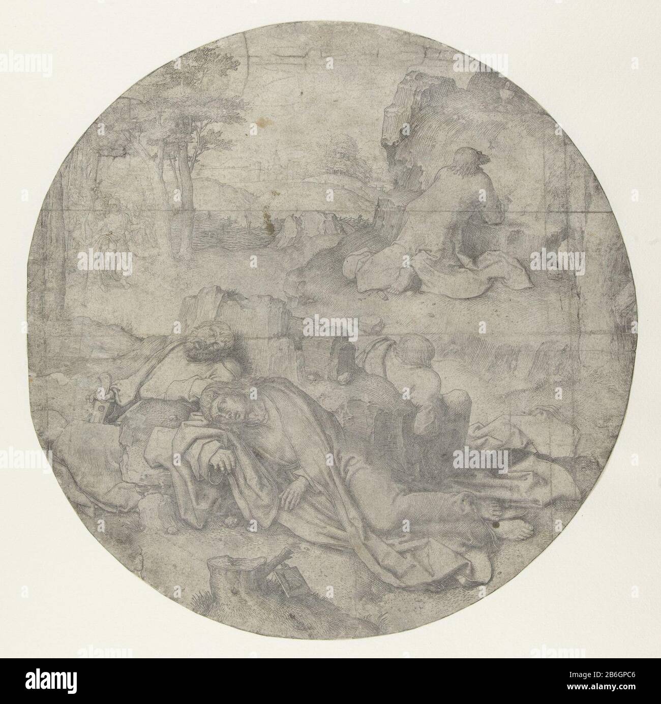 Cristo sul Monte degli Ulivi Round Passion (titolo della serie) Picture Frame CUT. Tre apostoli addormentati e Cristo che prega sul monte. Su una roccia sopra di lui kelk. Produttore : stampatore: Lucas van Leyden (edificio elencato) nel suo disegno: Lucas van Leyden Luogo produzione: Olanda Data: 1509 caratteristiche Fisiche: Materiale dell'automobile: Tecnica della carta: Engra (processo di stampa) dimensioni: Foglia d 221 mm Oggetto: Preghiera di Cristo nel Giardino di Getsemani durante la notte Foto Stock
