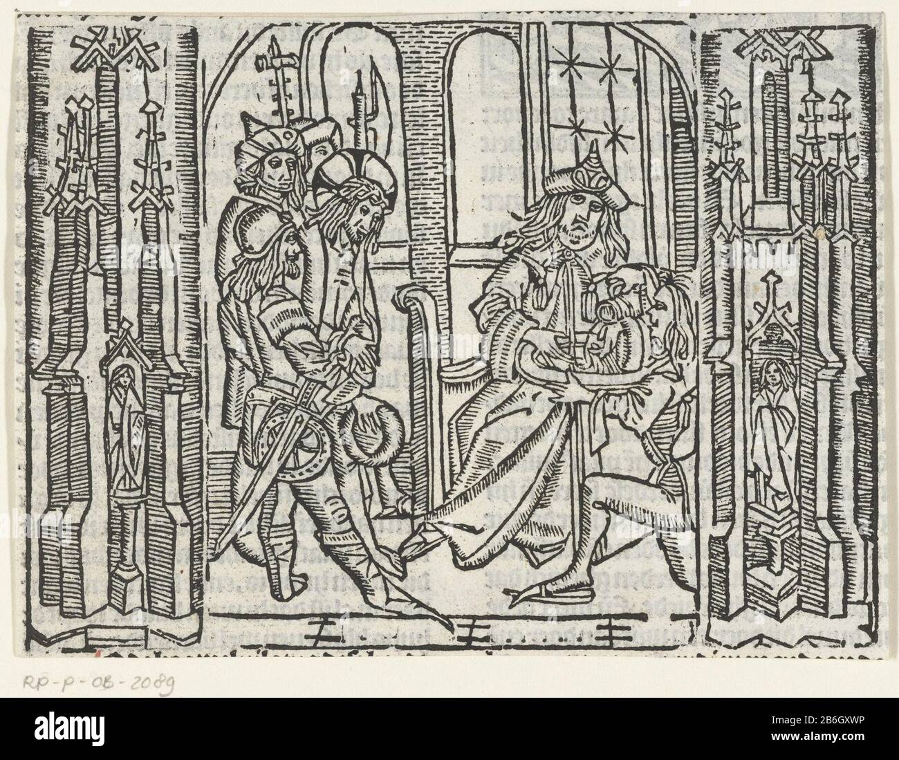 Cristo prima di Pilato, Pilato lava le mani Stampate da tre blocchi. Cristo ammanettato e trattenuto dai soldati. Pilato lava le mani sul guscio del sedile Dove: È versato in acqua. Sinistra e destra di rappresentazione ornamentatie architettoniche. Costruttore sconosciuto Maestro di Delft (attribuito a) sconosciuto: Master Delbecq-Schreiber-Passion (attribuito a) sconosciuto: Master of the Virgo inter Virgines (attribuito a) Luogo di produzione: Netherlands dating : 1480 - 1500 e / o 1503 Caratteristiche Fisiche: Legno tagliato materiale: Carta Tecnica: Legno dimensioni: Foglio: H 108 mm × W 146 mmfoglio ToelichtingEén Foto Stock