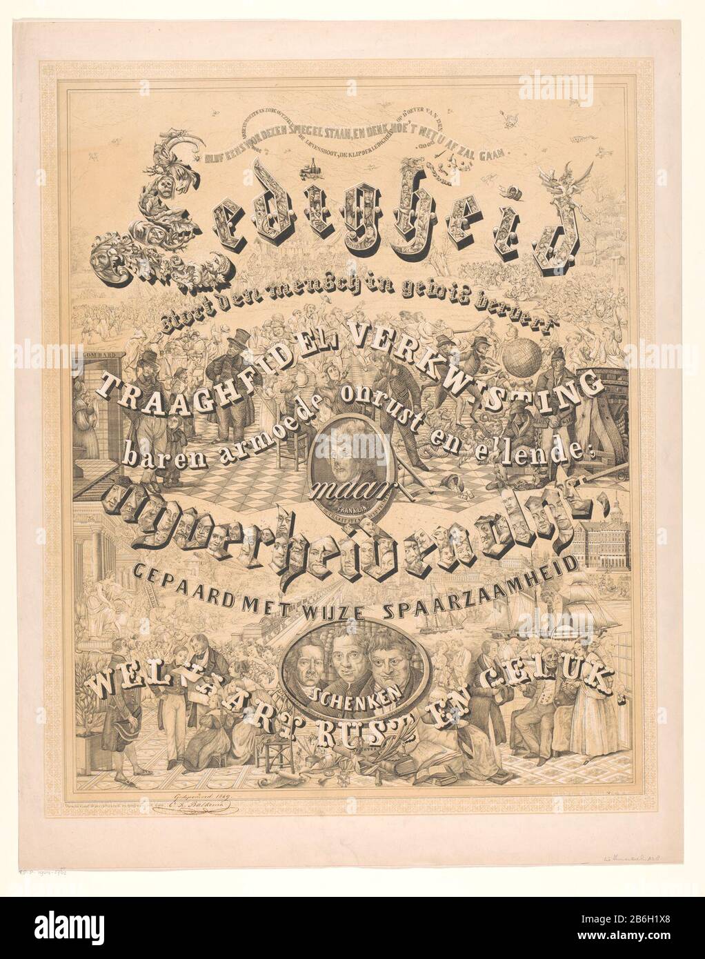 Citazione circa pigrizia, stravaganza e industria Descritta in lettere eleganti citazione: L'uomo di idleness è crollato in certa inerzia di distruzione ed in quei sprecati povertà, disordini e miseria; ma l'industria e la diligenza, accoppiato con frugality saggio danno la prosperità e la felicità di pace. Al top sono rappresentati pigrizia e stravaganza, tra cui l'industria con ritratti di Benjamin Franklin e Henry Wester, Jan Nieuwenhuyzen e Theodore di Swinderen. Produttore : stampatore Cornelis Philip Balkema (edificio elencato) nel suo disegno: Philip Cornelis Balkema ( elencato sull'oggetto) stampante: Royal Dutch Foto Stock