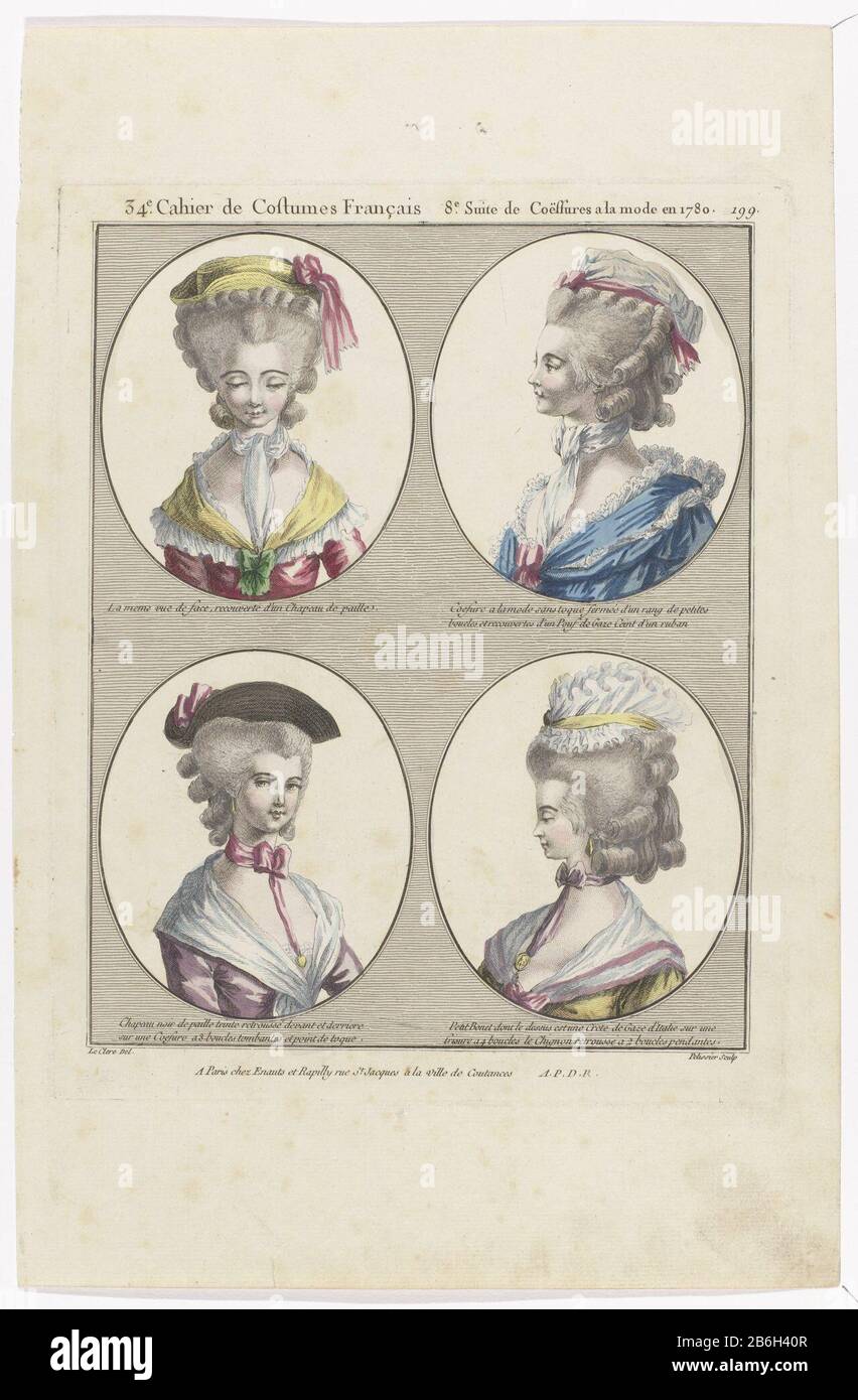Vier dameskapels mette verschillende Hoofddekels, verdeeld in vier ovalen. Linksboven: Strohoed. Rechtsboven: Kapsel naar de laatste zonder alla moda toque met een rij van kleine krullen. Hierop een 'poof' van een tule mette rondom pelucchi. Linksonder: Zwarte hoed van stro mette oppaande rand aan de Voor- in achterkant op een 'coeffure' mette hängende krullen. Rechtsonder: Kleine muts van 'garza Italia. Serie Prent uit 34th Cahier Costumi francesi, 8th Suite Coeffures alla moda nel 1780, Galleria modalità e Costumi Français. Produttore : prentmaker J. Pelicier (vermeld op object) naar tekening v Foto Stock