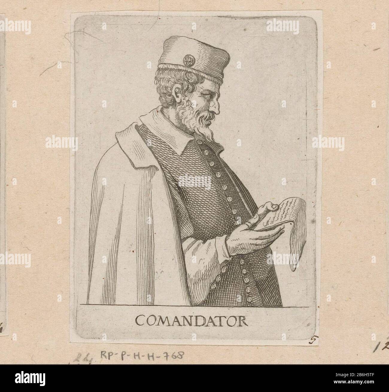 Comandante Comandator (oggetto del titolo) titolo in ondermarge. Produttore : printmaker Francesco Villamena (possibile) Luogo di produzione: Italia Data: CA. 1576 - 1624 caratteristiche Fisiche: Materiale per auto: Carta Tecnica: Engra (processo di stampa) dimensioni: Bordo della lastra: H 96 mm × W 73 mm Oggetto: Comandante in capo, generale, costume popolare di lettura maresciallo, costume regionale Foto Stock