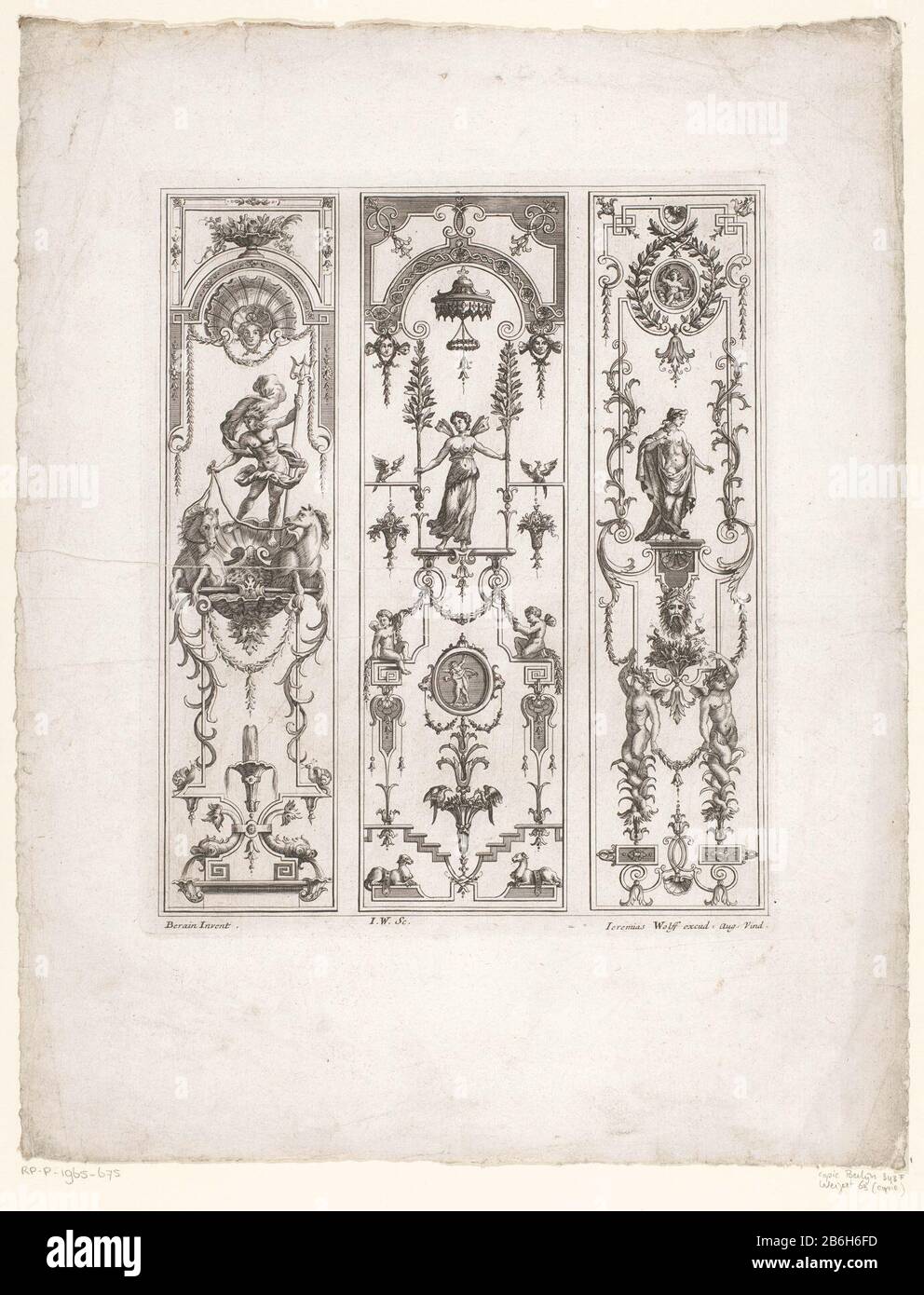 Composizione con Nettuno e due donne una composizione decorativa costituita da tre pannelli a maglia. A sinistra c'è Nettuno sul suo carro trainato da due cavalli. Al centro c'è una donna alata sotto un baldacchino. Sotto i suoi due putti e un medaglione con Cupido e Psiche. Sulla destra c'è un tessuto drappeggiato da donna su un piedistallo sorretto da due figuren maschi. Produttore : stampatore: Jeremias Wolf (possible) Designed by Jean Berain (le Vieux) (edificio elencato) editore: Jeremias Wolf (proprietà elencata) Luogo fabbricazione: Augsburg Data: 1686 - 1724 caratteristiche Fisiche: Materiale di incisione: Tecnica della carta Foto Stock