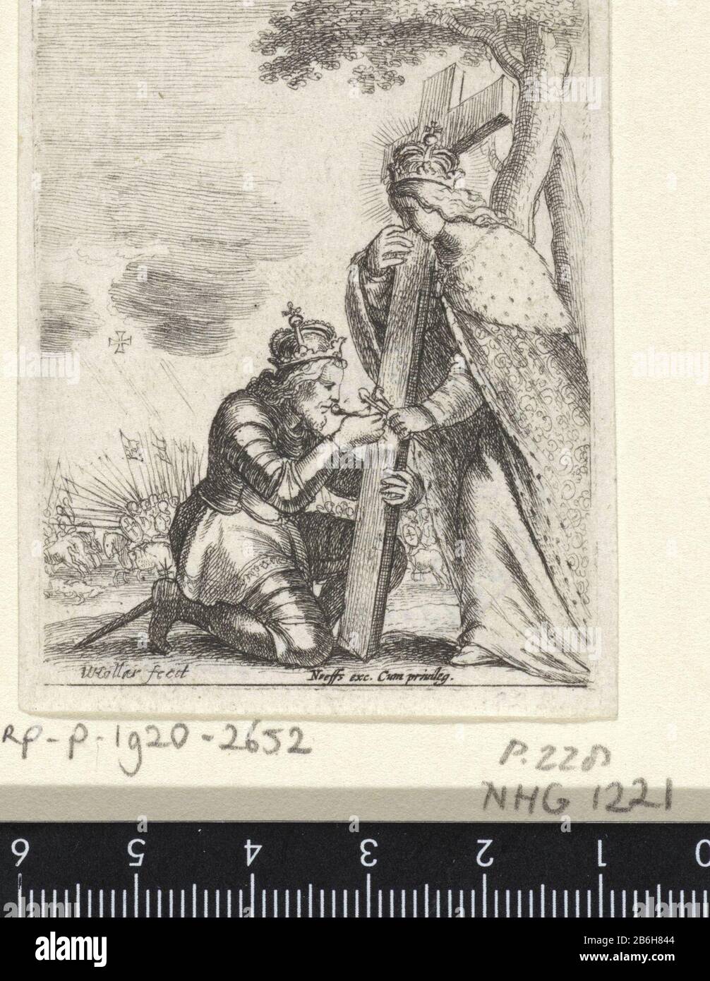 Costantino e la H Helena Onorano crucis ere Des Crvys (oggetto del titolo) Costantino bacia la croce e le unghie indossate dalla Santa Helena. Produttore : stampatore: Wenceslaus Hollar (edificio elencato) editore: Jacob Neefs (proprietà quotata) fornitore di privilegio sconosciuto (proprietà quotata) Luogo fabbricazione: Anversa Data: 1644 - 1661 caratteristiche Fisiche: Materiale di incisione: Tecnica di incisione: Dimensioni di incisione: Foglio: H 67 mm × W 51 mm Oggetto: Empress Helena, madre di Costantino il Grande; Attributi possibili: Modello di chiesa, corona (reale), corona di spine, croce, tre nailsWie: Costantino t Foto Stock