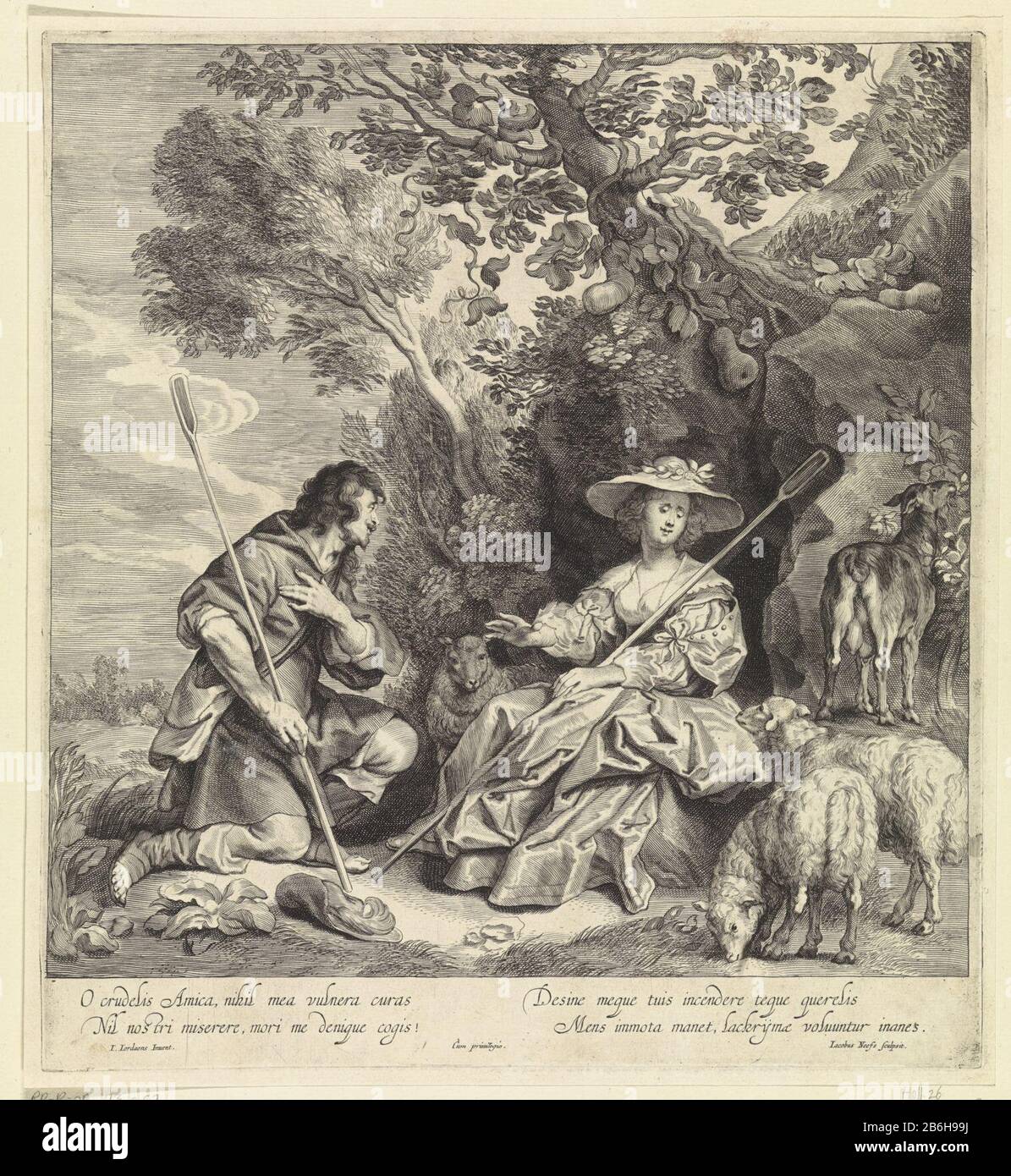 Coridon e Sylvia con la pastorella Silvia siede con il suo crook sotto un albero di pera fra le pecore. Pastore Coridon si inginocchia davanti a lei e tiene il suo personale pastorale. Il suo cappello è a terra. In fondo al margine di due colonne ciascuna con due righe nel Latijn. Produttore : stampatore: Jacob Neefs (indicato sull'oggetto) ad un disegno di: Jacob Jordaens (i) (mostrato sull'oggetto) editore: Jacob Neef Concedente di privilegio: Sconosciuto (elencato come oggetto) Luogo fabbricazione: Anversa Data: 1620 - 1680 caratteristiche Fisiche: Materiale dell'automobile: Carta Tecnica: Engra (processo di stampa) dimensioni: Lastra Foto Stock