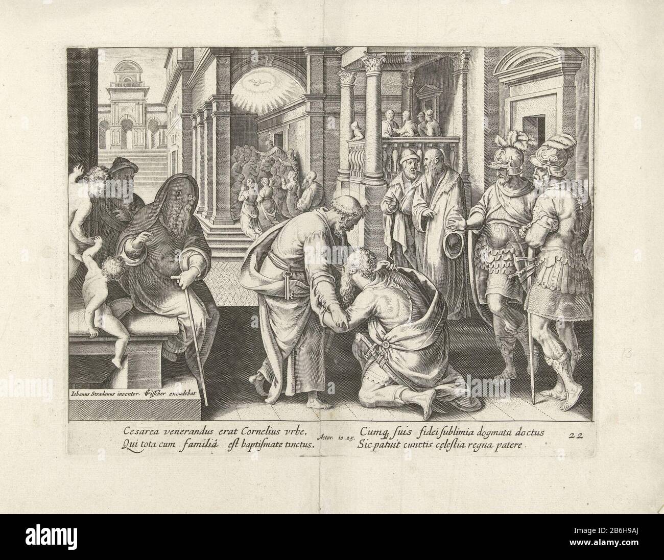 Cornelius si inginocchia degli apostoli per le operazioni di Petrus (titolo della serie) Acta Apostolorum (titolo della serie) il centurione Cornelio si inginocchia davanti all'apostolo Pietro. Sullo sfondo si rinominò Petrus Cornelio e il resto della sua famiglia, alla presenza dello Spirito Santo sotto forma di colomba. La foto ha una didascalia latina e fa parte di una serie di 35 parti sul tema dell'apostelen. Produttore Atti: Printmaker: Claes Jansz. Visscher (II) (attribuito al laboratorio) per stampare da Philips Gall per progettare Jan van der Stra Spout Submitter: Claes Jansz. Visscher (II) Fabbricazione Di Luoghi: Print mak Foto Stock