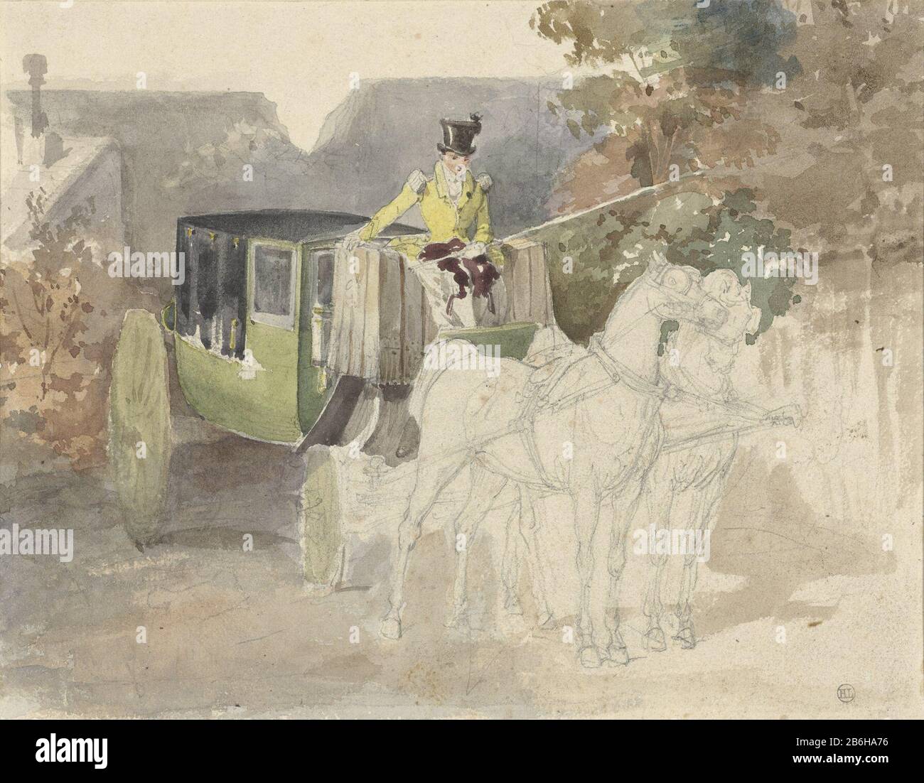Coupelje con due cavalli in una zona boschiva tipo di oggetto: Disegno numero Oggetto: RP-T 1946-74 Produttore : artista: Eugéne Louis Lami datazione: 1810 - 1890 caratteristiche Fisiche: Pennello in acquerello, matita materiale: Carta acquerello matita tecnica: Pennello formato : h 137 mm × W 176 mm Foto Stock