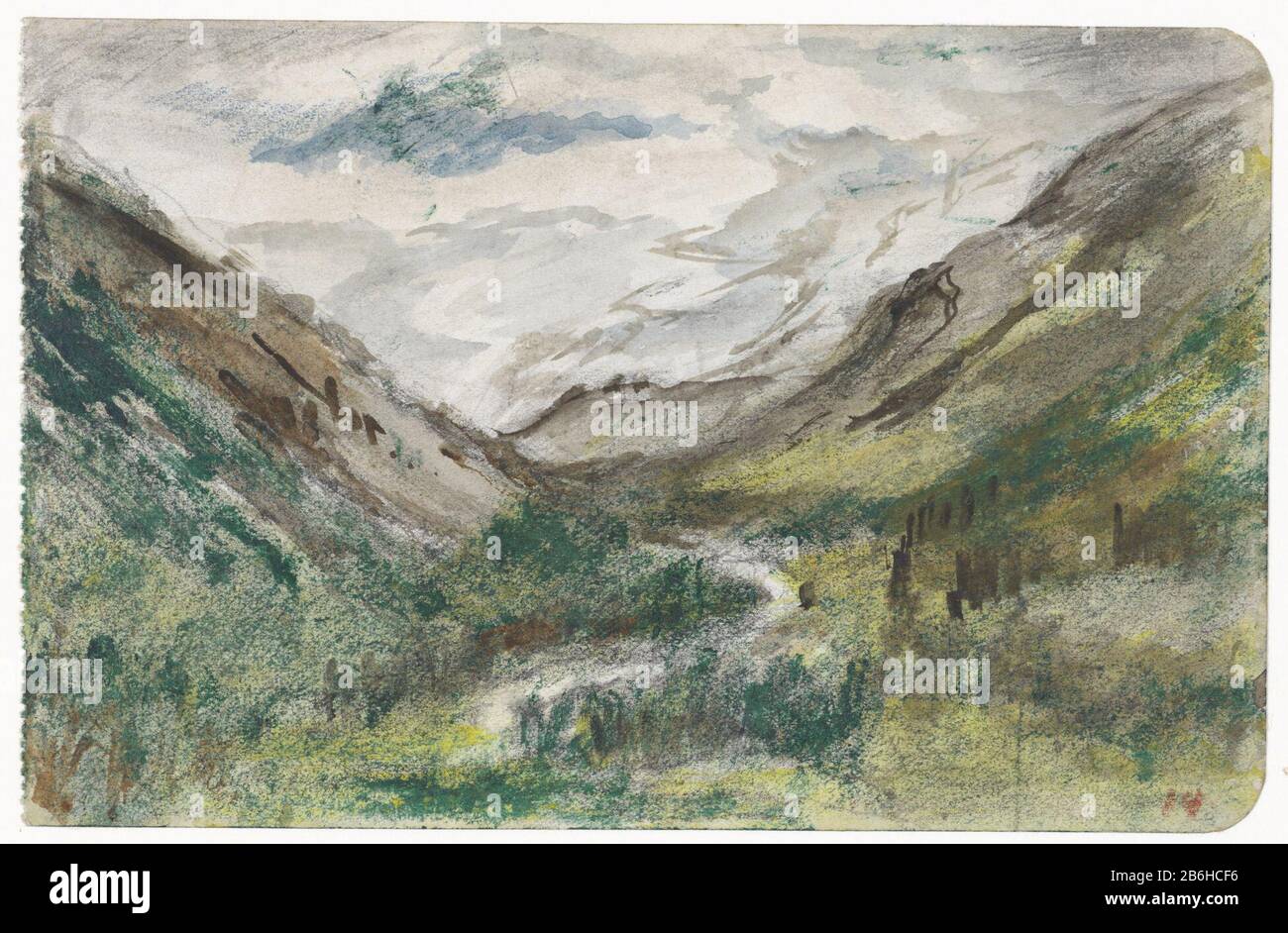 Dal with clad Mountains dal with overgrown mountain tipo di oggetto: Drawing watercolor numero articolo: RP-T-1979-293 (R) fabbricazione Creatore: Artista Joseph Israel Appuntamenti: 1834 - 1911 caratteristiche Fisiche: Gesso colorato, pennello e colori in acquerello materiali: Carta gesso acquerello tecnica : dimensioni spazzola: H 105 mm × W 160 mm Oggetto: montagna Foto Stock