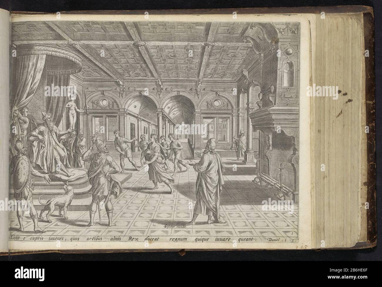 Daniele e altri tre giovani Israeliti presentarono al re Nebukadnetsar. Il re lasciò il trono, istruì loro ad insegnare in modo che possano servire al servizio del re. Tra le prestazioni, un riferimento in latino alla Bibbia in Dan. 1: 3. Questa stampa fa parte di un album. Produttore : stampatore John Lucas o Doetechumnaar disegno: Hans Vredeman de Vries Editore: Claes Jansz. Visscher (II) (oggetto) editore: John Philipsz SchabaeljePlats produttore: Editore: Amsterdam Editore: Alkmaar Datato: Per 1576 e / o 1646 caratteristiche Fisiche: Engra materiale: Paper Techn Foto Stock
