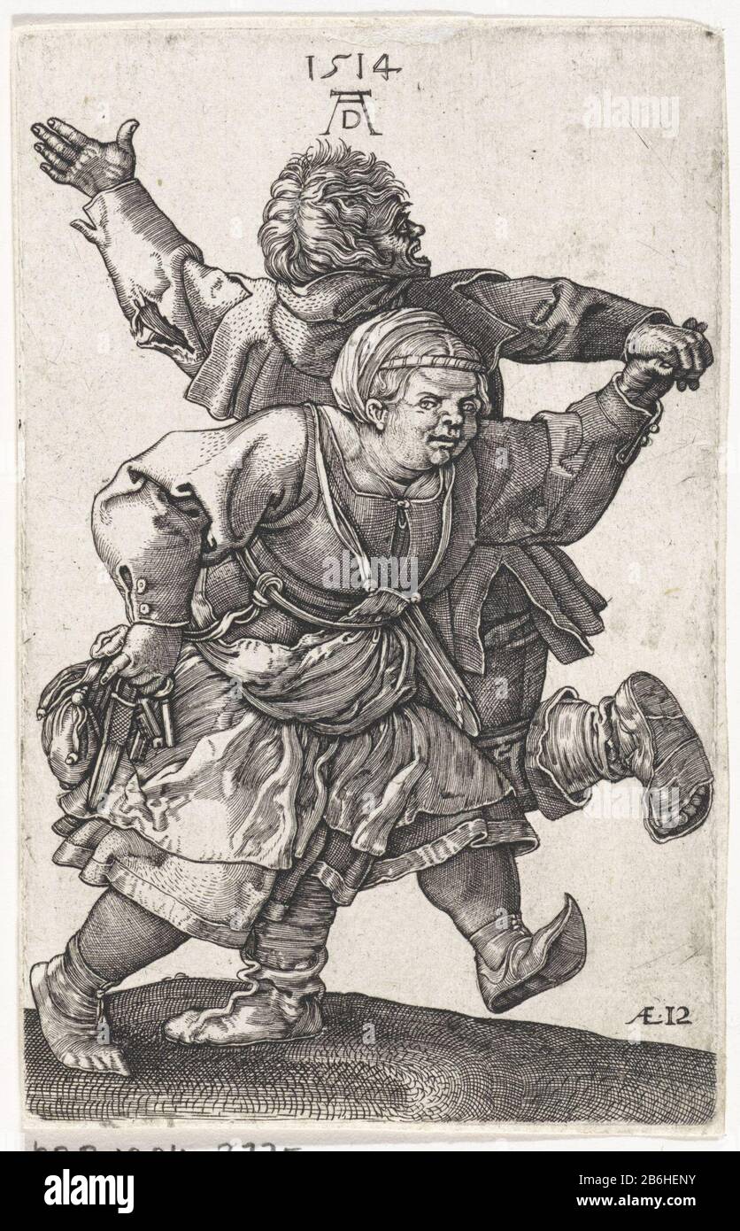 Un contadino che balla coppia UN contadino e la moglie che balla mano in mano. Firmato in basso a destra Æ12. Sopra le loro teste il monogramma di Albrecht Dürer E Datato: Dal suo prent. Produttore : stampatore: Jerome Chi: Rix (attribuito a) stampatore John Wierix (possibile) da stampare da Albrecht Dürer (proprietà in elenco) Luogo di produzione: Antwerpen Dating1559 - per 1619 caratteristiche Fisiche: Engra materiale: Tecnica della carta: Engra (processo di stampa) Misure: Bordo della lastra: H × 114 mm b 73 mm Soggetto: Danza farmersone coppia; uomo e donna danzano in coppia Foto Stock