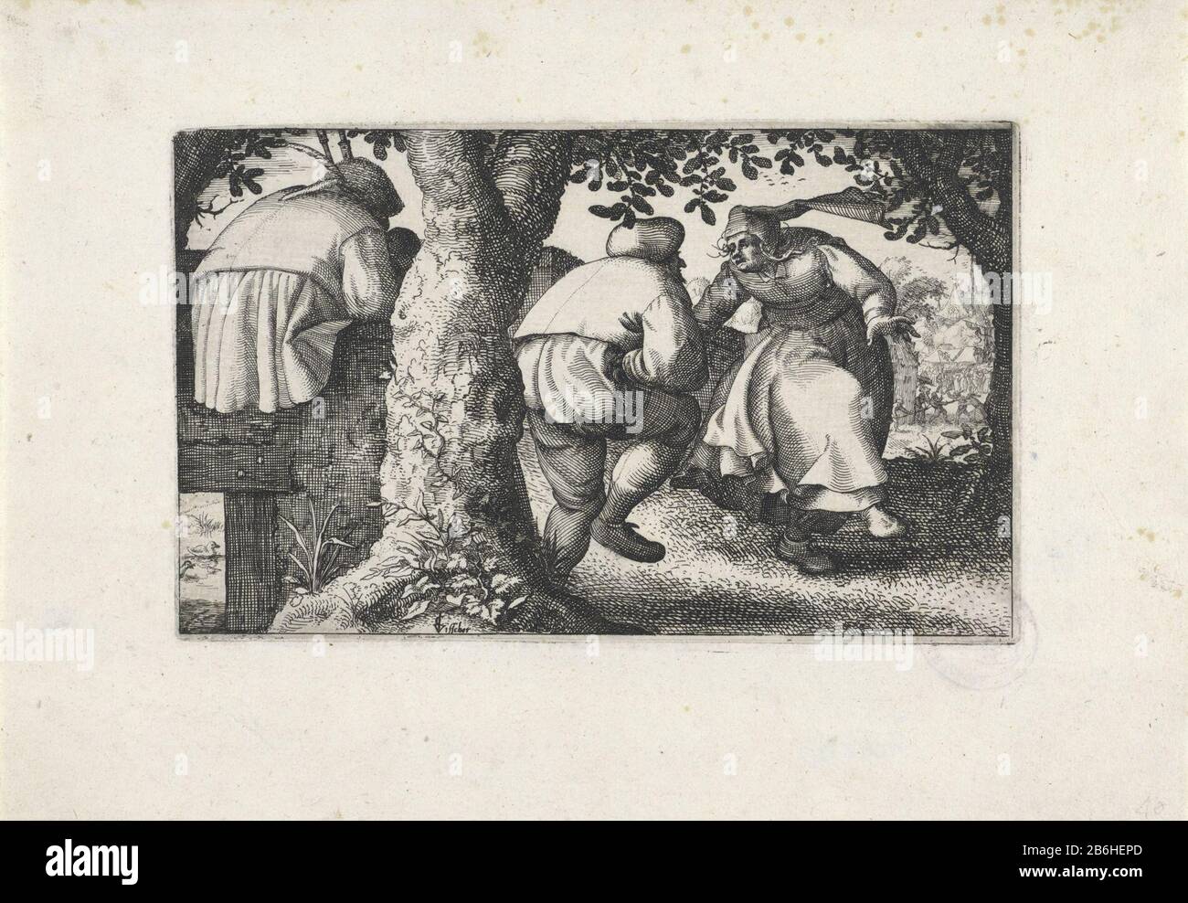 Coppia contadina danzante al piper Dancing coppia contadina sotto gli alberi. La parte anteriore sinistra è un giocatore di cornamusa su una recinzione. Sullo sfondo a destra un boerengevecht. Produttore : Printmaker: Claes Jansz. Visscher (II) Luogo di fabbricazione: Amsterdam Data: 1596 - 1630 Caratteristiche Fisiche: Materiale di incisione: Tecnica della carta: Incisione dimensioni: Bordo della piastra: H 116 mm × W 189 mm Oggetto: Una coppia di danza; uomo e donna danzanti come un coulefarmersbamppipe, Foto Stock