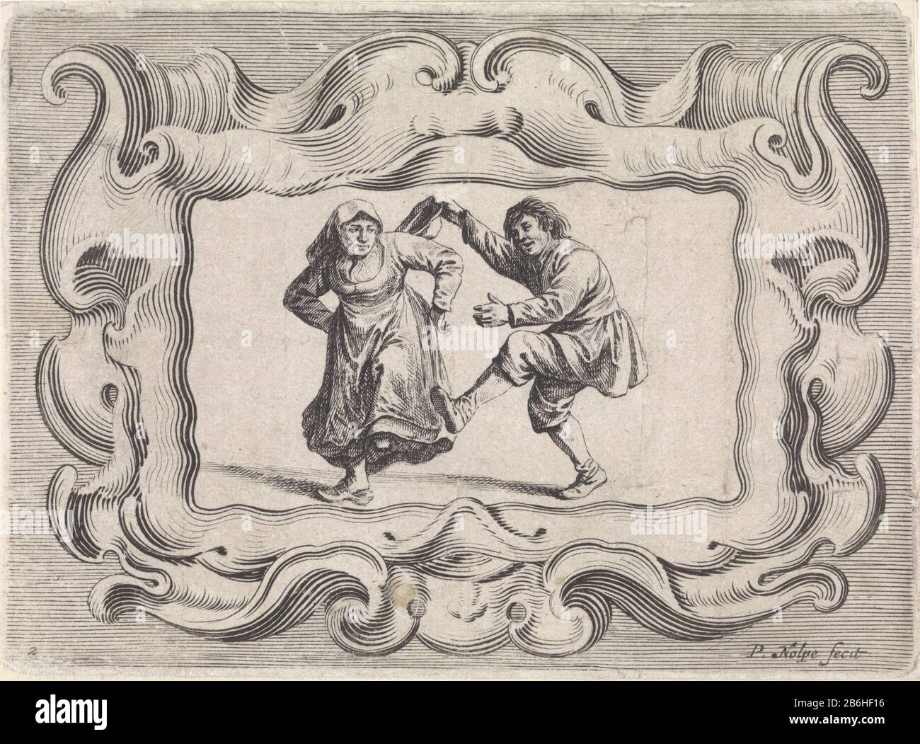Una coppia contadina danzante. L'uomo tiene il suo cappello in mano. L'idea è contenuta in una cartuccia. La stampa fa parte di una serie di scene del boerenleven. Produttore : printmaker Pieter Nolpe (edificio elencato), progettato da Pieter Jansz. QuastPlaats manufacture: Amsterdam Date: 1623 - 1653 Caratteristiche Fisiche: Engra e materiale di incisione: Carta Tecnica: Engra (processo di stampa) / dimensioni di incisione: Bordo della lastra: H 106 mm × W 145 mm Soggetto: Farmersone Coppia danza; uomo e donna danza come una coppia Foto Stock
