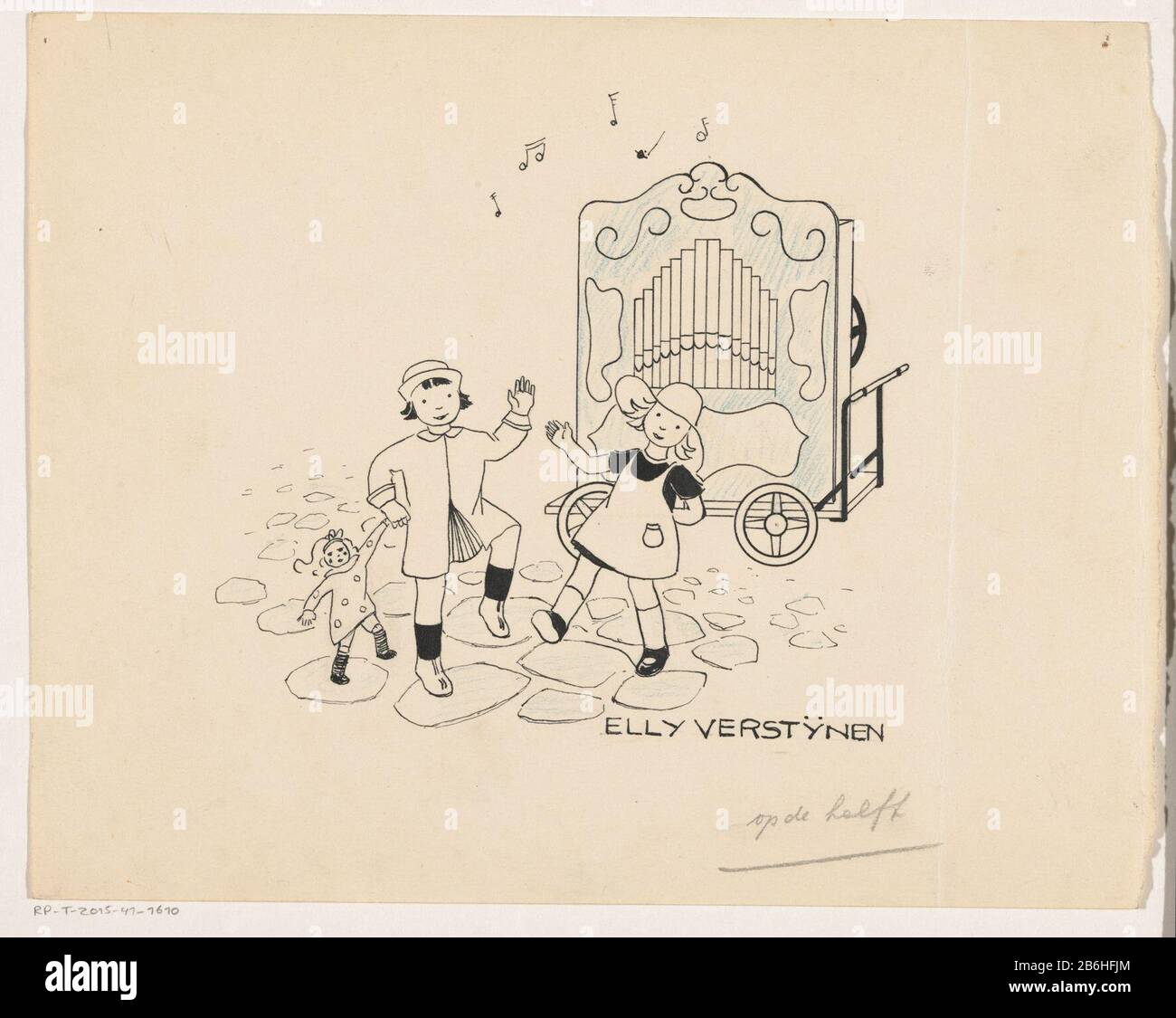 Dancing girls on a barrel organ Dansende meisjes bij een draaiorgel Object Type : tekening boekillustratie (ontwerp) Objectnummer: RP-T-2015-41-1610 Iscrizioni / Merken: Signatuur, recto, handgeschreven: ‘ELLY VERSTYNEN’ collector mark , vero, empeld fabbricante: Elsiggeignejg: Lugigg (22). 1900 - ca. 1930 Kenmerken Fisico: Pen in zwart met blauw kleurpotlood su potlood Materiale: Papier inkt potlood Techniek: Pen dimensioni: H 200 mm × b 253 mm Oggetto: Suonatore di barilotto - CC - fuori porta Foto Stock