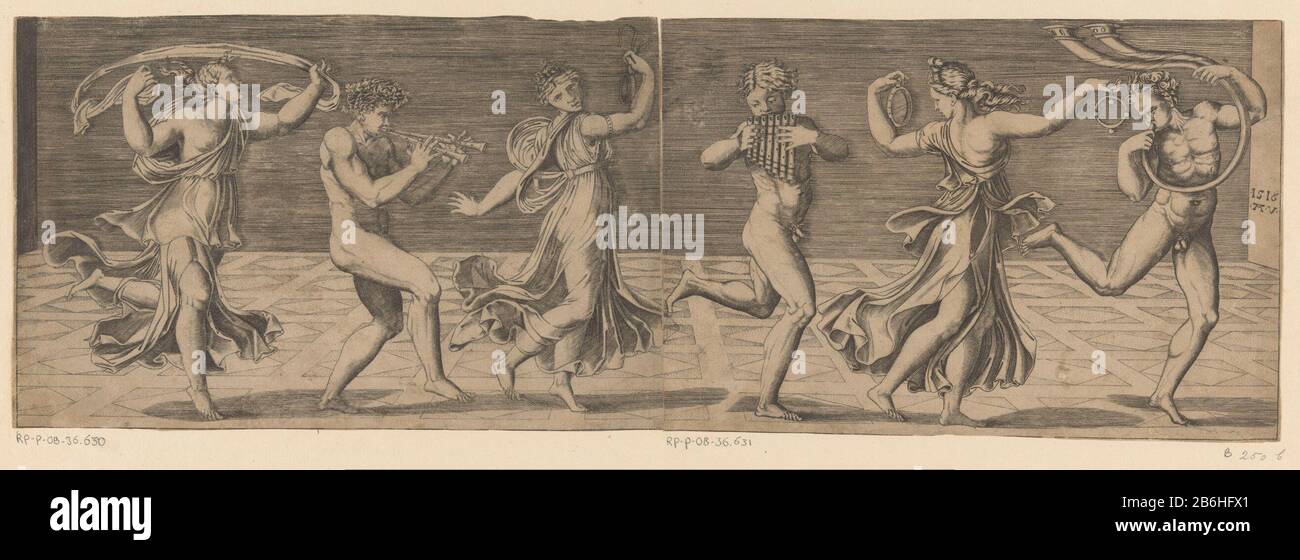 Ballando lisates un maenaden UN satiro e due maenads che ballano camminano alla destra. Al centro del satiro suona gli aulos (flauto doppio), la fronte si strinse di edera. A sinistra e a destra i due maenaden danzanti. Produttore : stampatore: Agostino Venezianonaar disegno di: Rafael Place prodotto: Italia Data: 1516 caratteristiche Fisiche: Engra, materiale perforato: Carta Tecnica: Engra (processo di stampa) / perforeren dimensioni: Foglio: H 172 mm (bordo interno della piastra di taglio). B × 269 mm (bordo Interno della piastra tagliato.) Note Stampa da un disegno di Raffaello nel Musée du Louvre, Parigi (inv 5002). Questo p Foto Stock