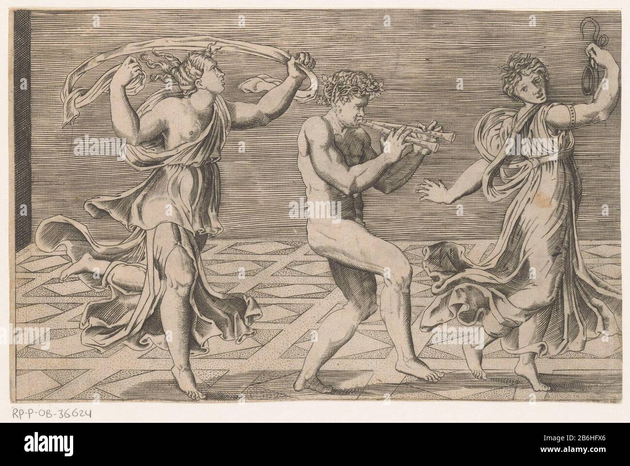 Ballando lisates un maenaden UN satiro e due maenads vanno ballando a destra. Al centro del satiro suona gli aulos (flauto doppio), la fronte si strinse di edera. A sinistra e a destra i due maenaden danzanti. Produttore : stampatore: Stampa anonima da: Agostino Venezianonaar disegno di: Rafael Place prodotto: Italia Datato: Nel 1516 o dopo le caratteristiche Fisiche: Engra, modificato con penna in materiale marrone: Carta tecnica d'inchiostro: Engra (processo di stampa) / penna dimensioni : foglio: H 170 mm (taglio bordo piastra Interna) × W 265 mm (taglio bordo piastra Interna) Note Copia per stampare Agostino Veneziano, AFT Foto Stock