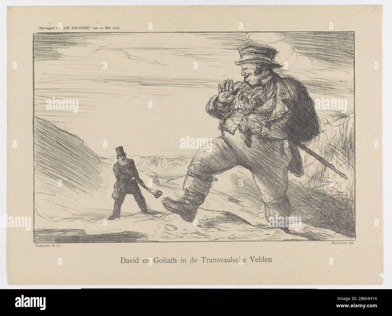 David e Goliath nei campi di Transvaal (oggetto del titolo) Cartoon su Paul Kruger e David e John Bull (Regno Unito) come Goliath di fronte a vicenda nel Transvaal. Pubblicato nell'appendice della Cronaca del 10 maggio 1896. Produttore : stampatore Marius Bauer Editore: Tresling & Comp.uitgever: Scheltema & Holkema Boekhandel Place fabbricante: Stampatore: Olandese Editore: Amsterdam Editore: Amsterdam Data: Maggio 10 1896 caratteristiche Fisiche: Litografia attrezzatura: Carta tecnica: Litografia (tecnica) dimensioni: H 300 mm × W 405 mm Oggetto: Jameson Raid (1895-1896) Dove: 1 Foto Stock