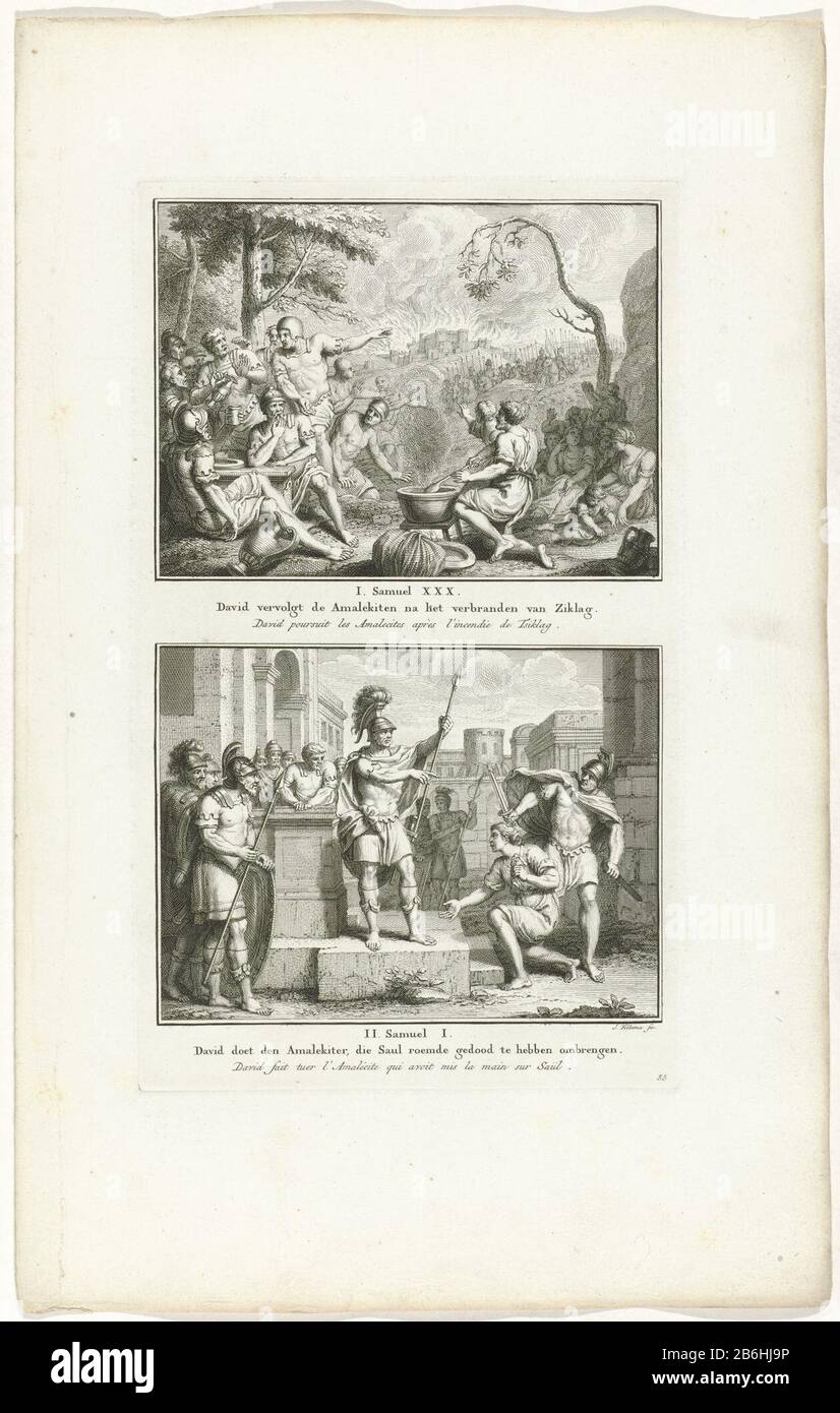 Davide continua dopo che gli Amalekiti bruciarono Ziklag e Davide ordinarono di uccidere Saul che disse di aver ucciso gli Amalekiti Due storie bibliche da 1 Sam. 30 e 2 Sam. 1. Davide continua dopo che gli Amalekiti bruciavano Ziklag e Davide ordinò di uccidere gli Amalekiti, dicendo a Saul di aver ucciso. Due rappresentazioni di un piatto, ciascuna con un titolo in olandese e francese. Completamente numerato in basso a destra: 55. Produttore : stampatore Jacob Folkema (edificio elencato) editore: Jan de Groot Editore: Abraham Blussé & Son Luogo fabbricazione: Editore: Amsterdam Editore: Dordrecht Data: 1791 caratteristiche Fisiche: Acquaforte ma Foto Stock
