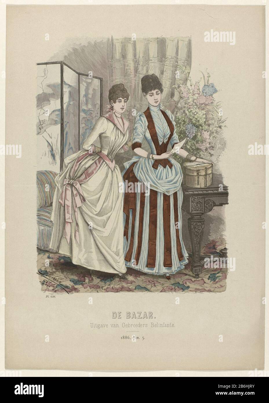 Bazar, 1886, No. 5, Pl 638 Stampa della rivista di moda, il bazar, illustrato Tijdschrift voor modi e mestieri (1857-1900) . Produttore : print maker: Anonymous publisher: Brothers Belinfante (indicato sull'oggetto) Luogo di produzione: The Hague Data: 1886 caratteristiche Fisiche: Legno engra, materiale colorato a mano: Carta Tecnica: Legno engra / misure colore mano: Foglio: H 382 mm × W 270 mm Oggetto: Moda piatti abito, abito (+ abbigliamento donna) Dove: 1886 - 1886 Foto Stock