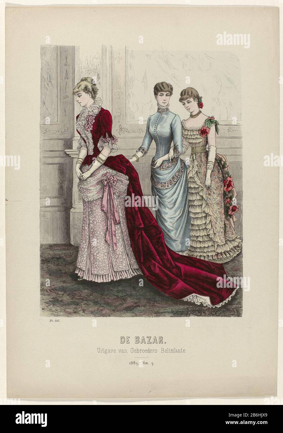 Bazaar, 1883, No. 3, Pl 527 Stampa fuori della rivista di moda, il Bazar, illustrato Tijdschrift voor modi e mestieri (1857-1900) . Produttore : print maker: Anonymous publisher: Brothers Belinfante (indicato sull'oggetto) Luogo di produzione: The Hague Data: 1883 caratteristiche Fisiche: Legno engra, materiale colorato a mano: Carta Tecnica: Legno engra / misure colore mano: Foglio: H 381 mm × W 268 mm Oggetto: Moda piatti abito, abito: Abito da sera (+ abbigliamento donna) fiori bordo, nastro, treccia (+ abbigliamento donna) guanti, guanti (guanti LUNGHI ) (+ abbigliamento donna) collana (+ abbigliamento donna cl Foto Stock