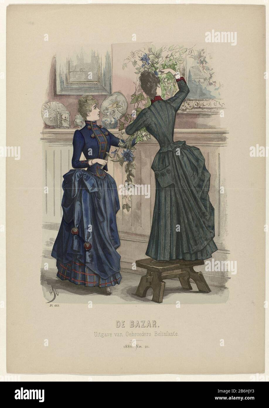 Bazar, 1886, No. 21, Pl 662 Stampa della rivista di moda, il Bazaar, illustrato Tijdschrift voor modi e mestieri (1857-1900) . Produttore : print maker: Anonymous publisher: Brothers Belinfante (indicato sull'oggetto) Luogo di produzione: The Hague Data: 1886 caratteristiche Fisiche: Legno engra, materiale colorato a mano: Carta Tecnica: Legno engra / misure colore mano: Foglio: H 382 mm × W 270 mm Oggetto: Moda piatti abito, abito (+ abbigliamento donna) Dove: 1886 - 1886 Foto Stock
